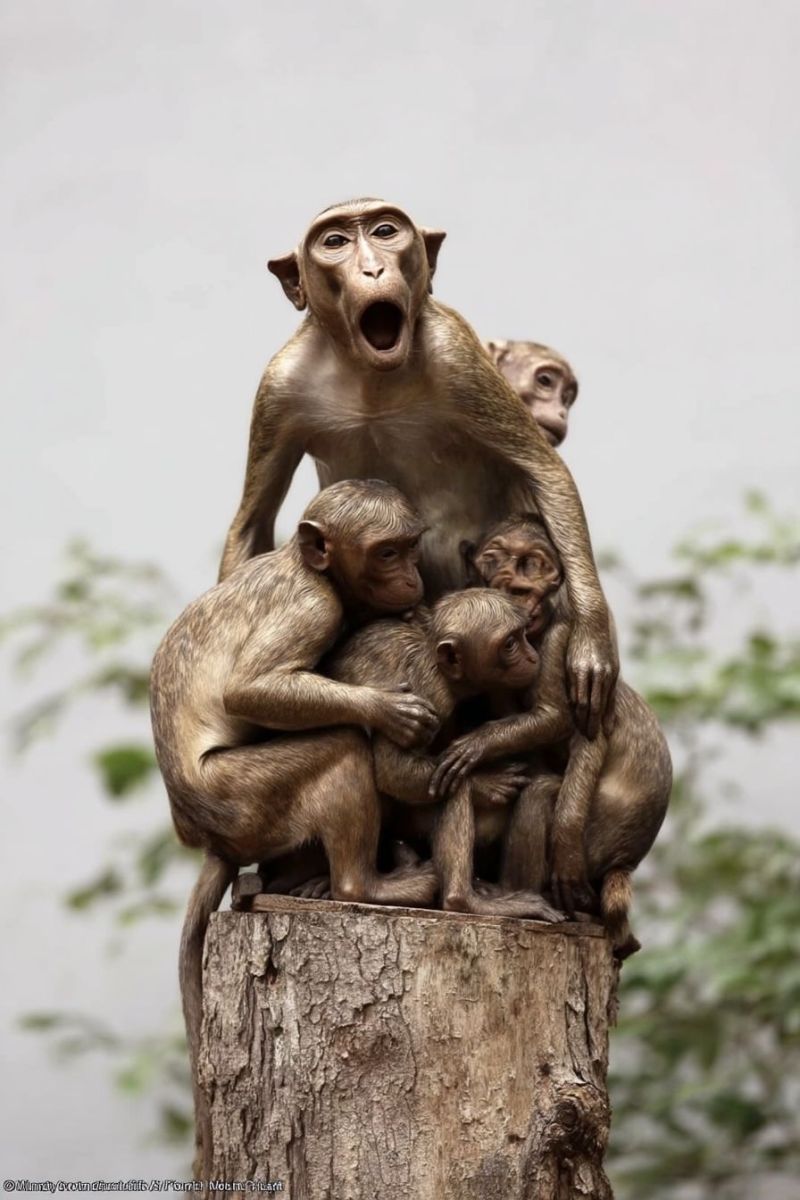 Singe statue bronze sculpture faune animal mammifere primate nature famille groupe mere bebe etreinte protection amour arbre souche Une sculpture en bronze représente une famille de singes. Le plus grand singe, probablement la mère, est assis sur un tronc d'arbre avec la bouche ouverte, peut-être en train de bâiller ou d'appeler. En dessous d'elle, trois petits singes sont blottis ensemble, un singe assis sur le dos de la mère et un autre sur ses genoux. Les singes sont positionnés étroitement, montrant un sentiment d'unité et de protection. L'arrière-plan est flou, avec un peu de verdure visible, suggérant un cadre extérieur.