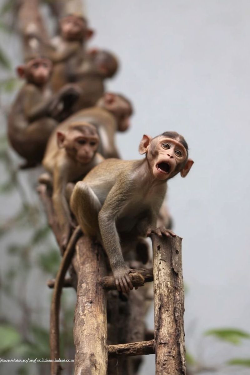 Monkey animal wildlife tree jungle mammal primate nature forest climbing group outdoors wild expression bark branch habitat A group of monkeys are perched on a tree branch. The monkey in the front has its mouth open, appearing to be making a vocalization. Behind it, another monkey is sitting with its back turned. The monkeys are in a natural setting, with green leaves visible in the background. The image has a watermark in the bottom left corner.