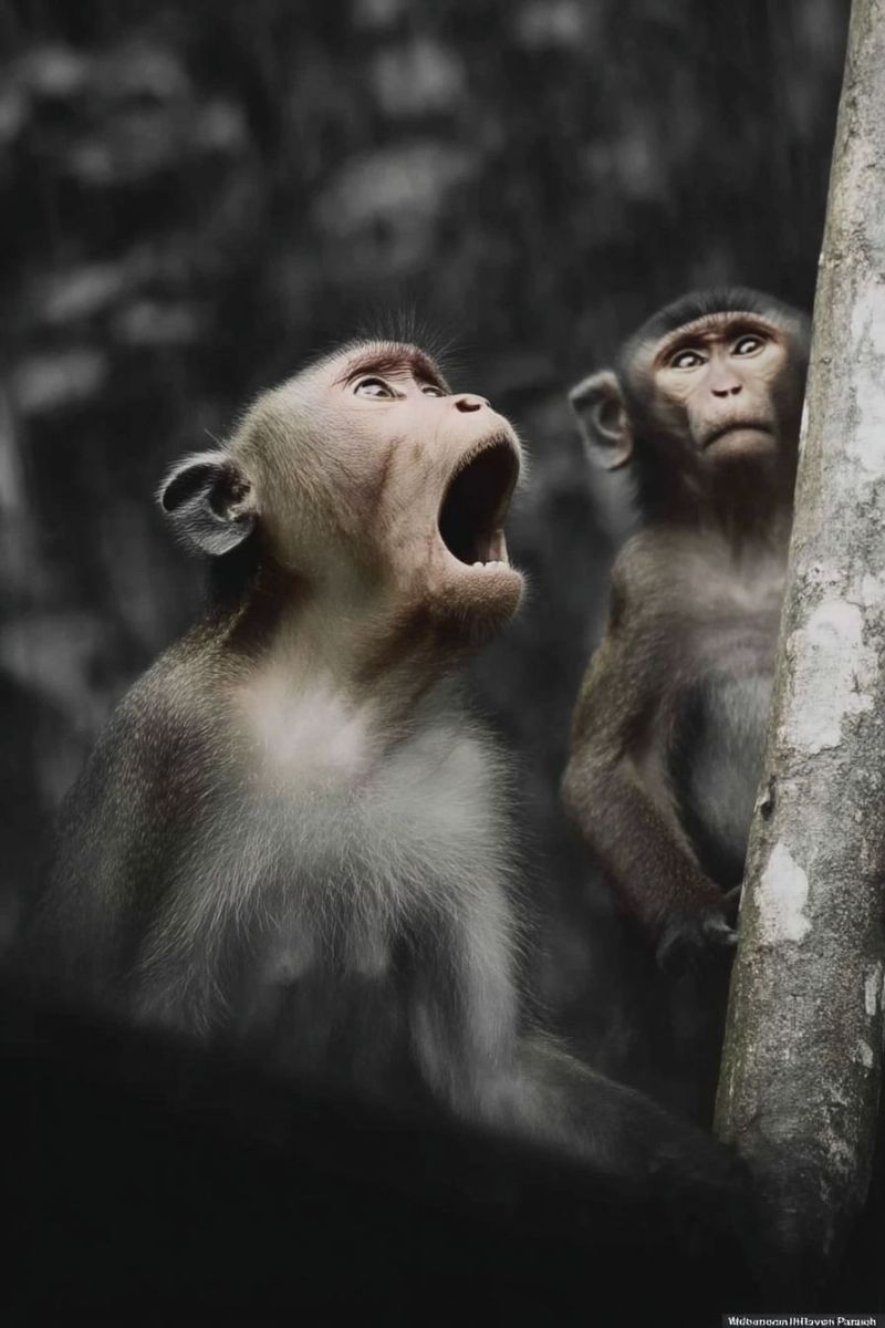 Monkey animal wildlife jungle nature mammal primate forest tree bark expression scream fear surprise In a forest, two monkeys are captured in a black-and-white photograph. The monkey on the left is facing the camera, with its mouth wide open, as if it is making a loud vocalization. Its fur is a mix of white and brown, and it has a prominent white patch on its chest. The monkey on the right is partially obscured by a tree trunk, with its head and shoulders visible. It appears to be looking at the monkey on the left, with its mouth slightly open. The background is dark and blurry, suggesting a dense forest environment.