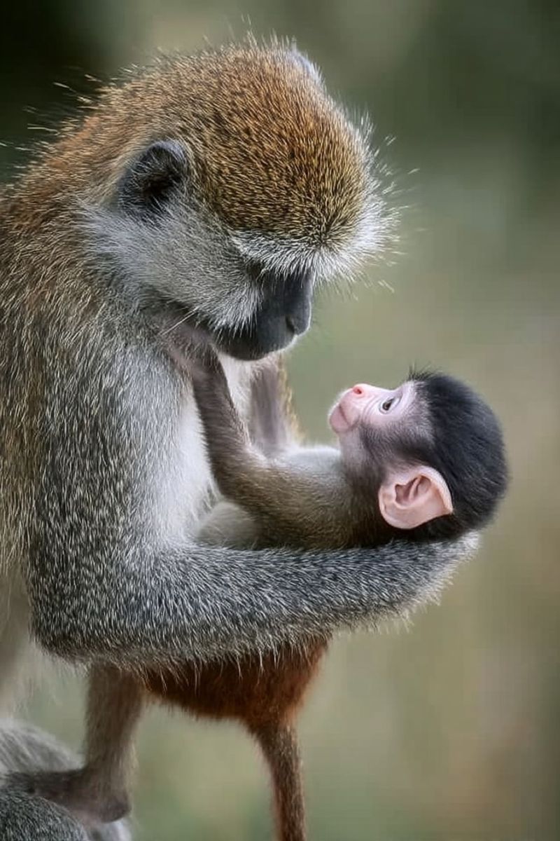 Singe bebe faune mere primate animal nature amour soin lien foret jungle habitat conservation voie disparition espece mignon adorable air Une mère singe tient son bébé singe près de sa poitrine. La mère singe a une fourrure gris-brun avec une tache blanche sur sa poitrine et une tache blanche autour de ses yeux. Le bébé singe est petit, avec une fourrure noire et un visage rosé. Le bébé singe regarde vers sa mère, qui regarde vers le bas en direction du bébé. L'arrière-plan est flou et vert.