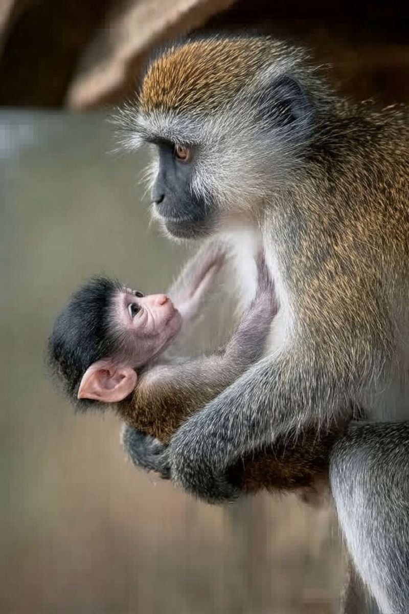 Singe bebe mere faune primate animal nature zoo enclos habitat fourrure oreille patte main jambe queue sol Une mère singe tient son bébé dans ses bras. La mère singe a un pelage brun et gris avec une tache blanche sur sa poitrine. Le bébé singe est petit, avec un visage et des oreilles noirs, et regarde vers le haut en direction de la mère. La mère singe regarde vers le bas en direction du bébé, et le bébé singe s'accroche à la fourrure de la mère. L'arrière-plan est flou, et il semble s'agir d'un cadre naturel.