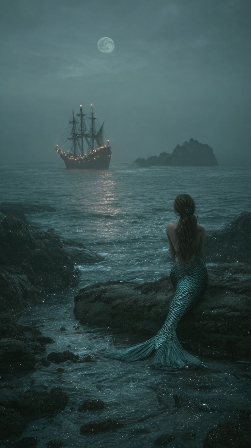 Sirene ocean navire lune nuit rochers eau fantaisie mer obscurite reflet vagues ile aventure mystere magie marin nautique Une sirène est assise sur un rocher près du bord de l'eau, ses longs cheveux flottant derrière elle. Elle regarde un navire naviguant au loin, orné de lumières. Le navire est entouré d'une atmosphère brumeuse, et la lune brille intensément dans le ciel. L'eau est calme, et les rochers sont dispersés autour de la sirène. La scène se déroule sur fond d'un ciel sombre et nuageux.