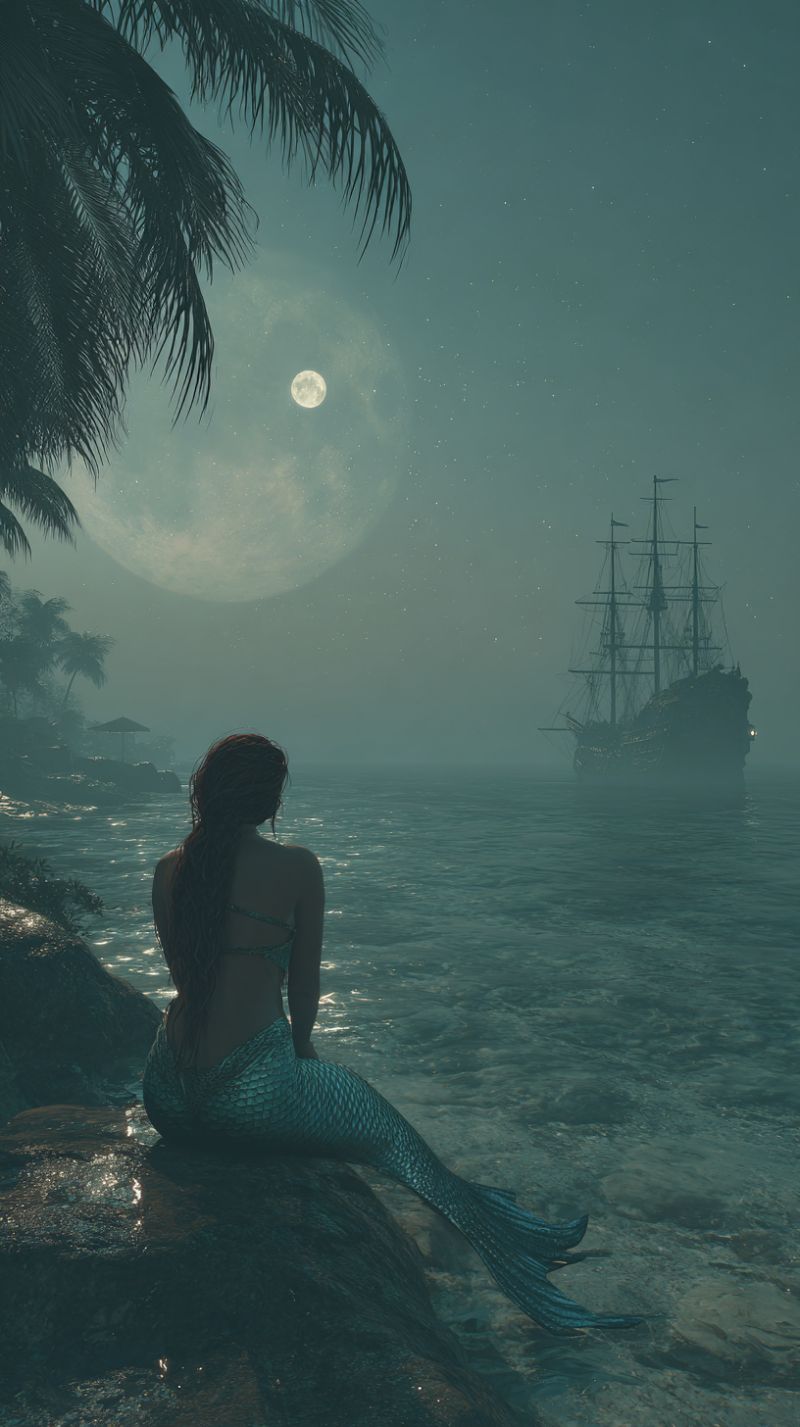 Mermaid moon ship ocean night rock water sky star beach fantasy shadow reflection waves creature mythology palm tree A mermaid with long, flowing hair sits on a rock near the water's edge, gazing at the moonlit sea. Her tail is a vibrant green, shimmering under the moonlight. Behind her, palm trees and a small beach are visible. In the distance, a large ship with tall masts and sails is sailing on the calm, dark ocean. The moon is full and bright, casting a soft glow over the scene.