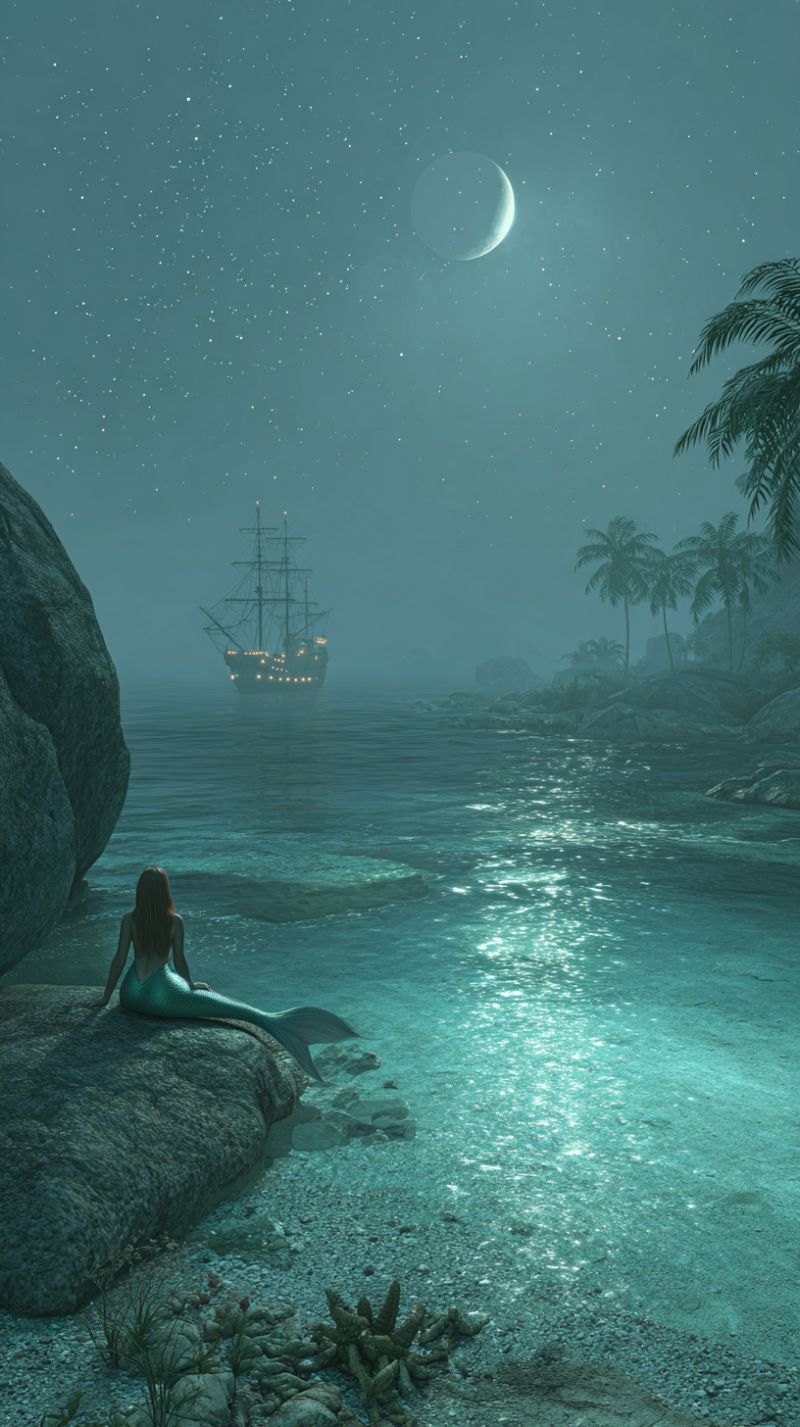 Mermaid night moon ship ocean rock star water sky sea fantasy creature palm tree world A mermaid with long, flowing hair sits on a large rock near the water's edge, gazing at a ship sailing on the ocean under a starry night sky. The ship is illuminated by lights, and the water reflects the stars and the ship's lights. The mermaid's tail is green, and she wears a green and white tail fin. The shore is rocky, with palm trees and other vegetation. The sky is dark blue, with a crescent moon and stars.
