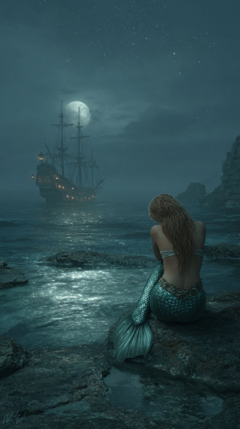Mermaid ship moon ocean night fantasy rock water sea lamp star cloud rocky dark painting A mermaid with long, wavy hair sits on a rocky shore, her back turned towards the viewer. She wears a silver bikini top and a green, shimmering tail. The scene is set at night, with a full moon illuminating the sky and a pirate ship sailing in the distance. The ship has a lantern on the bow and several lights on the deck, casting a warm glow on the water. The water is calm, reflecting the moonlight and the ship's lights. The background is dark, with a hint of fog.