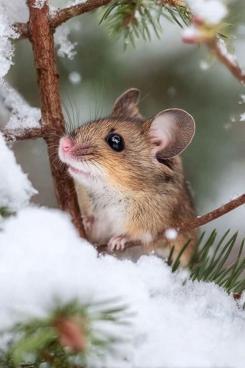 Animal faune rongeur mammifere nature air hiver neige arbre branche ecorce mignon fourrure oeil oreille pattes queue sol Une petite souris duveteuse avec un nez rose et des yeux noirs est perchée sur une branche recouverte de neige. La souris a un corps brun clair avec un ventre blanc, et ses oreilles sont légèrement pointues. La branche fait partie d'un pin, et la neige est épaisse et blanche, couvrant le sol et les branches. L'arrière-plan est flou, avec plus de pins et de neige visibles.