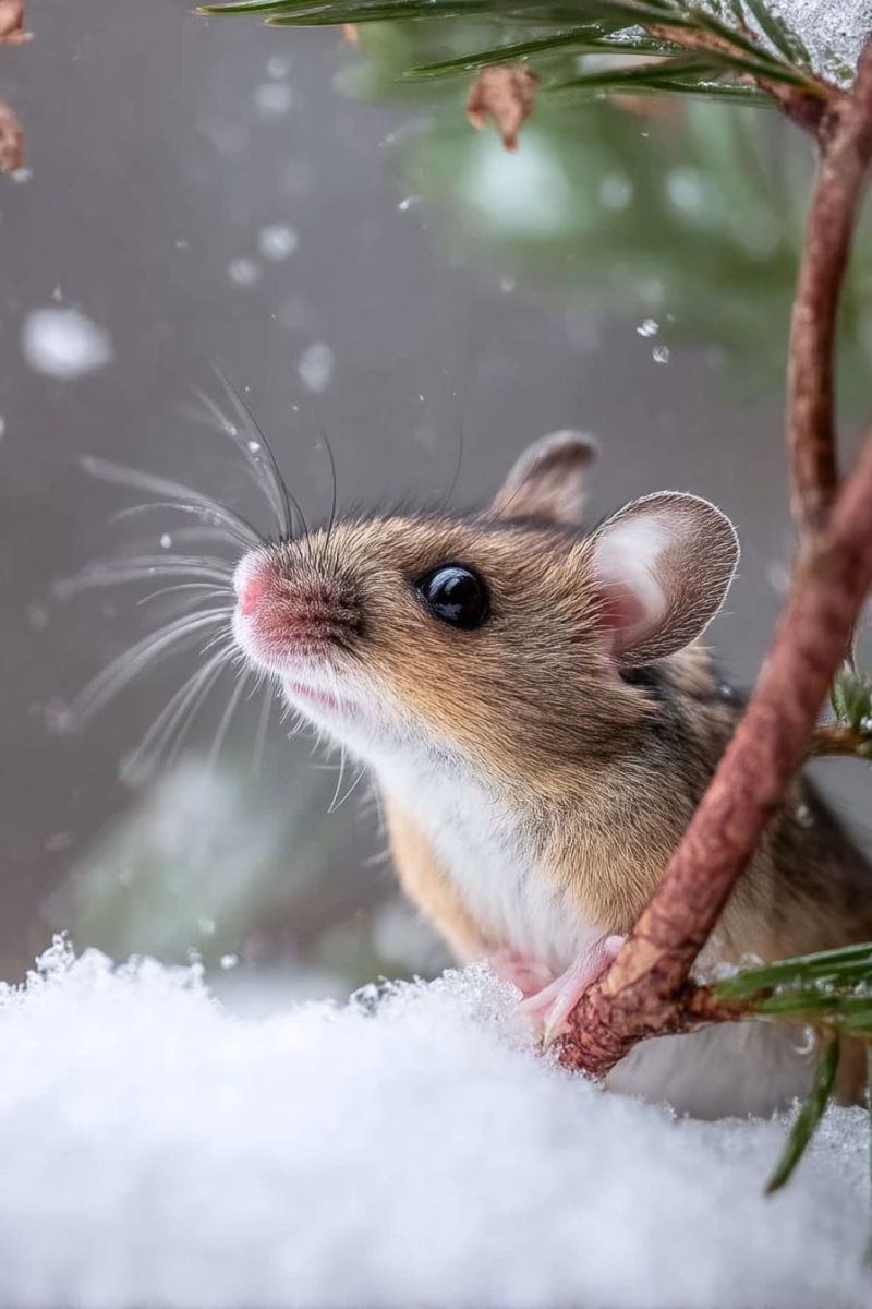 Animal wildlife rodent mammal nature outdoors snow winter cold frost ice tree branch bark fur whiskers ear eye paw habitat A small mouse with a pink nose and whiskers is perched on a thin, brown branch covered in snow. The mouse's fur is a mix of light brown and white, and it has large, round ears. The background is blurry, with a hint of green from the pine needles and a light dusting of snow. The mouse appears to be looking up, possibly at the falling snow.