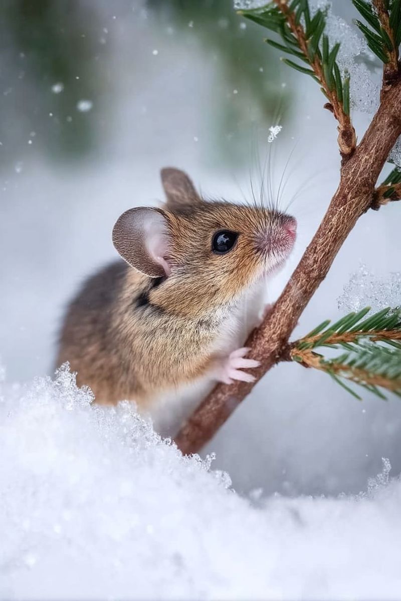 Souris neige hiver nature faune animal rongeur froid gel branche arbre glace mignon petit mignonnerie Une petite souris est perchée sur une branche mince et brune recouverte de neige. La souris a un pelage brun clair avec un ventre blanc, et ses oreilles sont légèrement roses. Ses yeux sont sombres, et elle semble regarder vers le haut, peut-être quelque chose au-dessus. L'arrière-plan est un paysage enneigé avec une touche de vert d'un pin. La neige est épaisse et blanche, avec quelques petits cristaux de glace visibles.