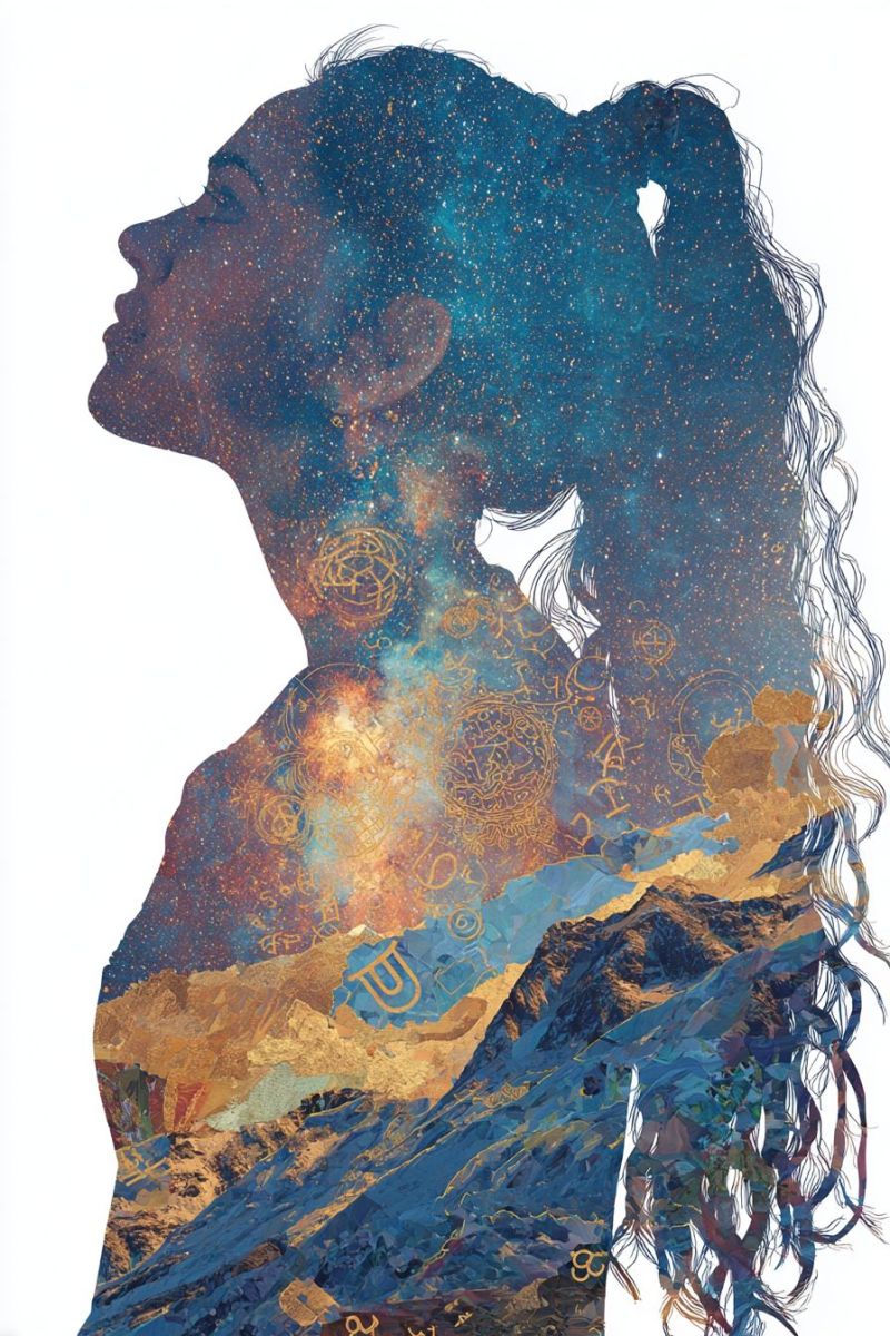 Femme coiffure coupe texture longueur design Silhouette d'une femme aux cheveux longs et fluides tombant le long de son dos. Ses cheveux sont détaillés de manière complexe, avec des mèches qui semblent être faites de divers matériaux, peut-être du papier ou du tissu, lui donnant un aspect texturé et superposé. L'arrière-plan derrière elle est une riche tapisserie de couleurs, principalement des bleus profonds et des ors, avec des touches d'orange et de jaune. Ce fond semble être un mélange de motifs abstraits et peut-être d'éléments célestes, tels que des étoiles ou des galaxies, créant une atmosphère cosmique et mystique. Le visage de la femme est tourné de côté et ses yeux sont fermés, suggérant un moment de contemplation ou de sérénité. La composition globale est artistique et surréaliste, avec un accent sur l'interaction de la lumière, de la couleur et de la texture.