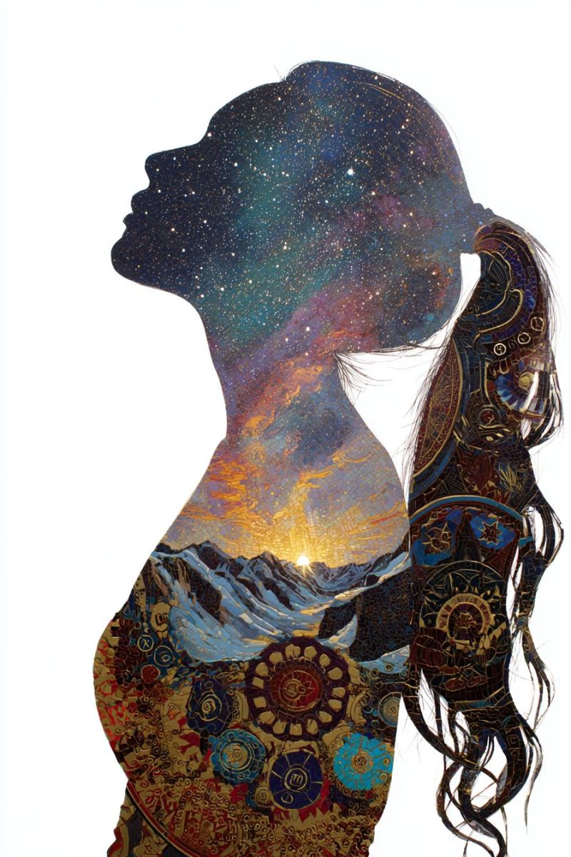 Femme espace etoiles montagnes lever soleil geometrique mosaique fantaisie onirique inspiration creativite imagination nuit ciel Silhouette d'une femme aux cheveux longs et fluides. Sa tête est tournée vers la gauche, et ses cheveux dévalent le long de son dos. L'arrière-plan derrière elle est un ciel nocturne vibrant et étoilé avec un dégradé de couleurs allant du bleu profond au violet et des touches d'orange et de jaune, suggérant un coucher ou un lever de soleil. La silhouette est ornée de motifs et de dessins complexes, y compris des motifs circulaires et ce qui semble être une structure de type mandala. L'effet global est à la fois mystique et artistique, mêlant des éléments de la nature et de la forme humaine.