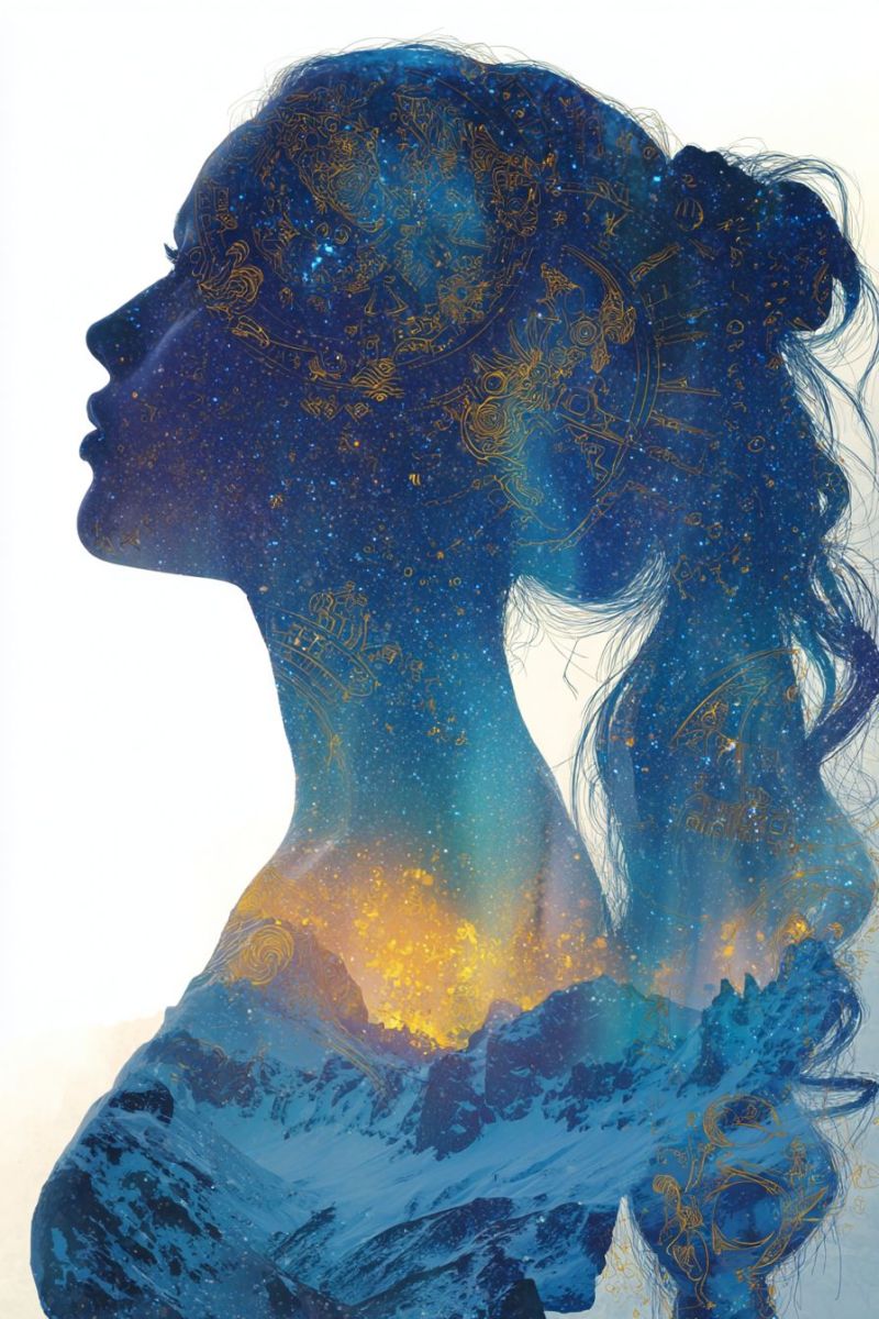 Femme montagne ciel nuit etoiles galaxie univers cosmique astronomie espace cosmologie celeste Silhouette d'une femme aux cheveux longs et flottants sur fond de paysage montagneux. Ses cheveux sont ornés de motifs dorés qui ressemblent à des designs célestes, incluant des étoiles et peut-être des symboles astrologiques. L'arrière-plan est un mélange de bleus profonds et de jaunes, suggérant un ciel nocturne avec une touche d'aube ou de crépuscule. La silhouette est placée sur un fond de montagnes enneigées, ajoutant à l'atmosphère mystique et éthérée de l'image.