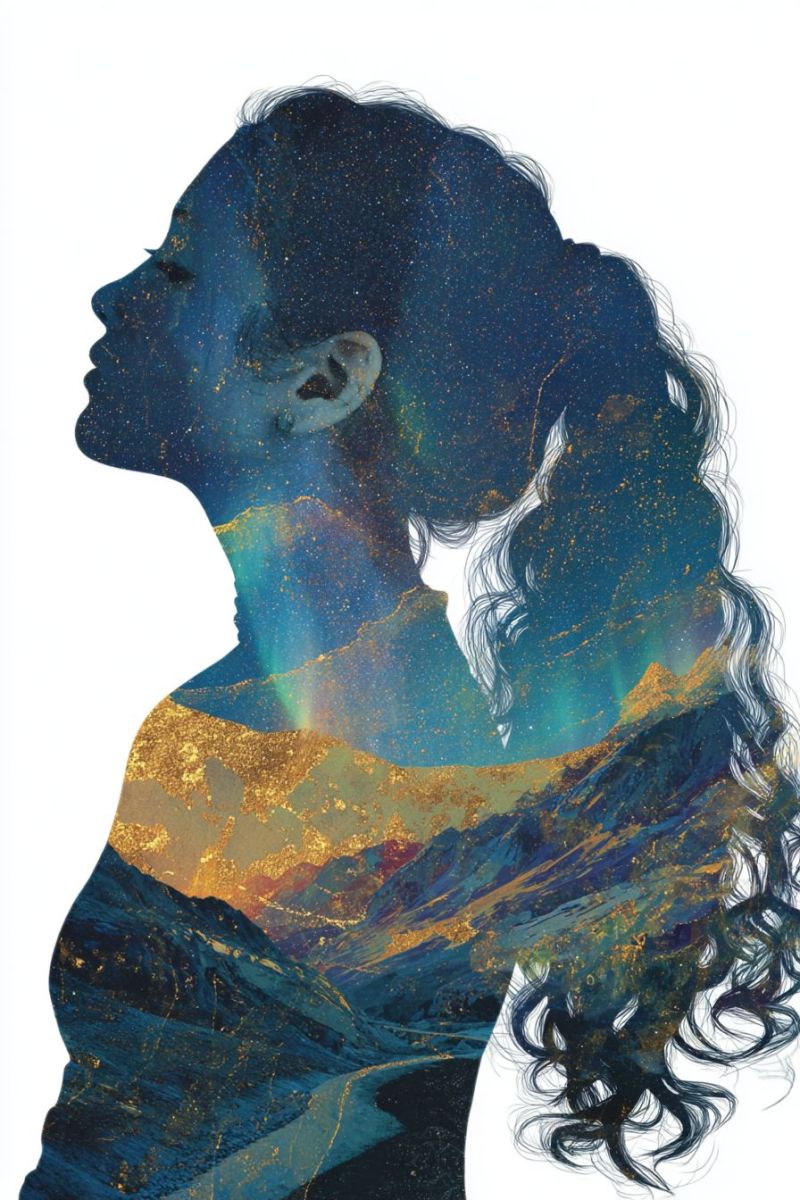 Femme montagne ciel nuit etoiles obscurite beaute fantaisie dore eclat reveur Silhouette d'une femme aux longs cheveux flottants. Ses cheveux sont coiffés de manière à paraître soufflés par le vent, ajoutant un sentiment de mouvement. L'arrière-plan derrière elle est un mélange de bleus profonds et de verts, ressemblant à un ciel nocturne avec des étoiles et peut-être une touche d'aurore boréale. Les couleurs sont riches et vibrantes, avec des reflets dorés qui semblent scintiller, donnant l'impression d'une atmosphère magique ou mystique. Le visage de la femme est tourné vers la gauche, et son profil est nettement défini contre le fond coloré. L'effet global est éthéré et onirique, avec la silhouette de la femme se détachant sur le fond dynamique.