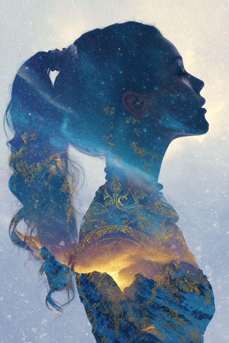 Woman mountain sky snow night star dream fantasy colorful shadow beauty inspiration silhouette of a woman with her head tilted to the side, gazing upwards. Her hair is styled in a braid and falls over her shoulder. The background behind her is a blend of a starry night sky and a golden sunset, creating a surreal and mystical atmosphere. The woman's silhouette is adorned with intricate golden patterns that resemble a combination of floral and geometric designs. The overall effect is ethereal, with a sense of wonder and exploration.
