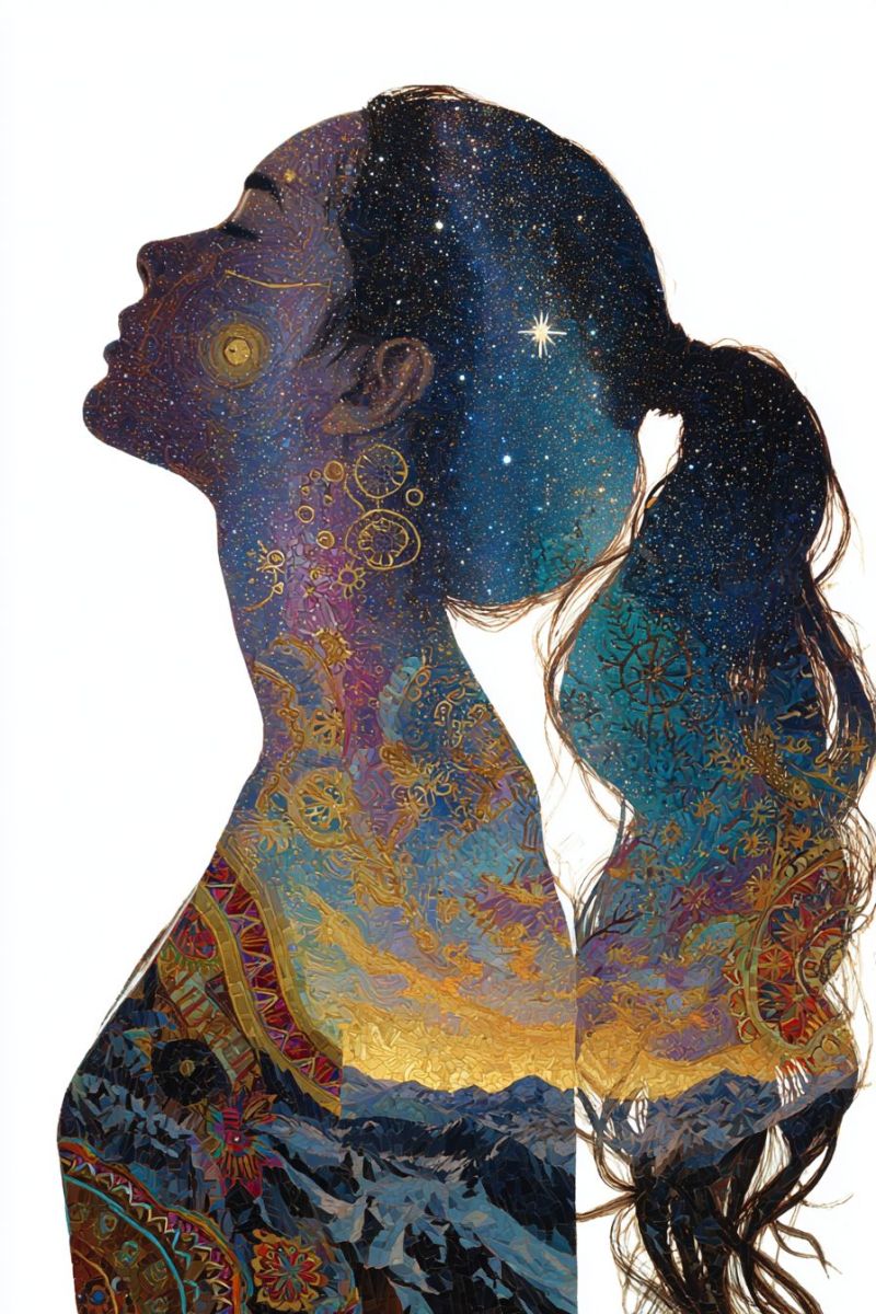 Woman star sky night mountain colorful design pattern geometric mosaic texture fantasy silhouette of a woman with long, flowing hair, styled in a braid. Her hair is dark and appears to be cascading down her back. The background behind her is a vibrant, abstract design that includes a galaxy-like pattern with stars, swirls, and a mix of warm and cool colors. The design is intricate, with a combination of geometric shapes and organic forms. The woman's face is turned to the side, and her profile is illuminated by a soft, glowing light, possibly from the stars or a distant sun. The overall effect is dreamlike and otherworldly, with a sense of movement and depth.
