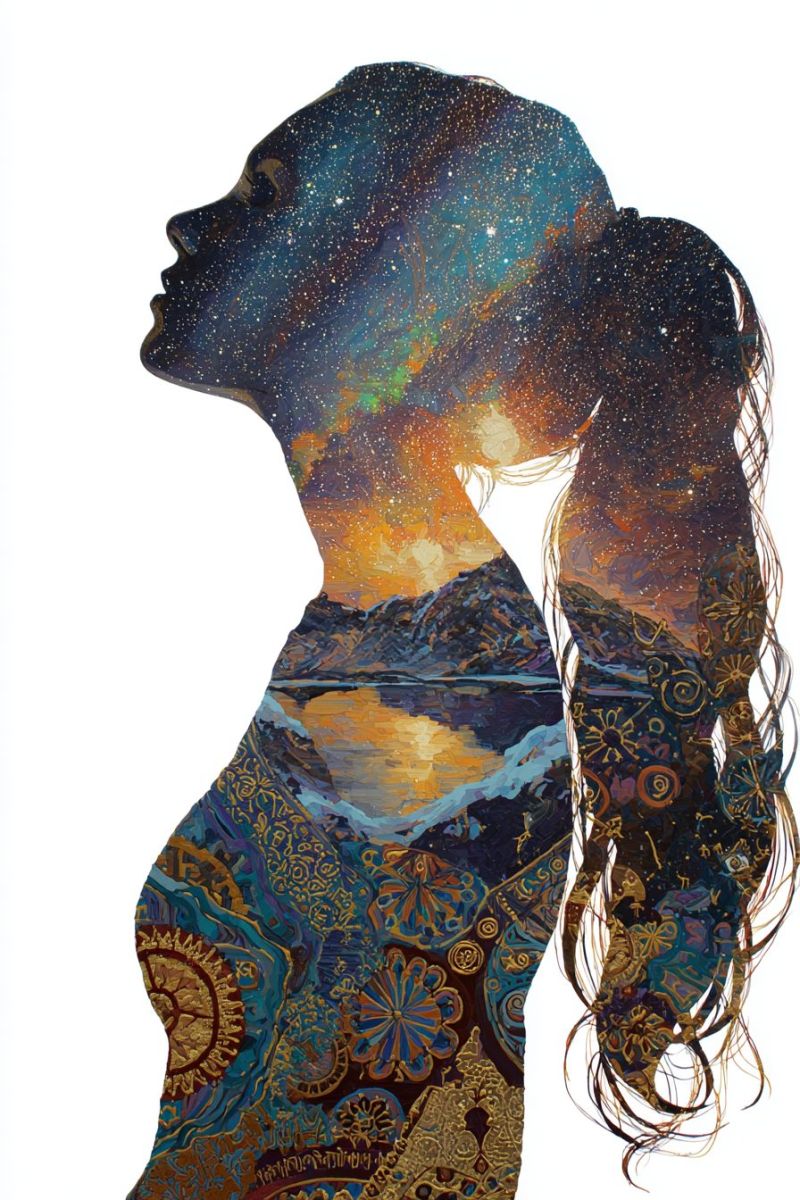 Woman painting colorful design decorative fantasy geometric glow glowing pattern reflection starry silhouette of a woman with long flowing hair. Her head is turned to the side, and her hair cascades down her back. The background behind her is a vibrant and intricate design, blending elements of nature and cosmic imagery. The sky above her head is filled with stars and a galaxy, creating a celestial backdrop. Below her, the landscape includes mountains and a serene body of water, possibly a lake or river, reflecting the sky's colors. The overall composition is rich in color, with blues, purples, and golds dominating the scene. The woman's silhouette is detailed with patterns and textures that add depth and dimension to the artwork.