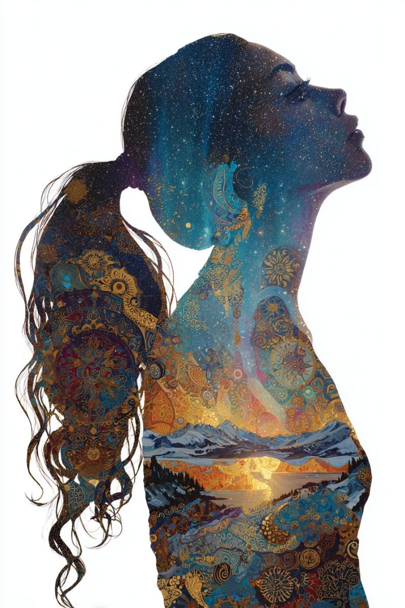 Woman mountains sky stars sun nature colorful geometric pattern design fantasy dreamlike inspiration creativity silhouette of a woman with long, flowing hair, turned to the left. Her hair is adorned with intricate patterns and designs, including what appears to be a sun symbol. The background behind her is a blend of vibrant colors, featuring a sunset or sunrise over a mountainous landscape. The sky is filled with stars, and there are hints of a galaxy or nebula effect. The overall composition is abstract, with a mix of natural and artistic elements.