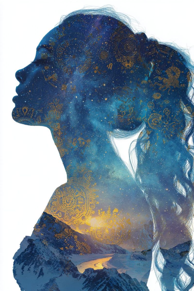 Femme montagne ciel etoiles nuit nature beaute reveur fantaisie inspiration meditation zen calme serein paisible Silhouette d'une femme aux cheveux longs et flottants devant un paysage montagneux. Ses cheveux sont ornés de motifs dorés qui ressemblent à des symboles ou des runes anciennes. Le fond est un ciel bleu profond rempli d'étoiles, donnant l'impression de la nuit. La silhouette des montagnes est baignée d'une lumière douce et chaude, peut-être du soleil couchant, créant une atmosphère sereine et mystique. Le visage de la femme est tourné vers la gauche, et son expression est calme et contemplative.