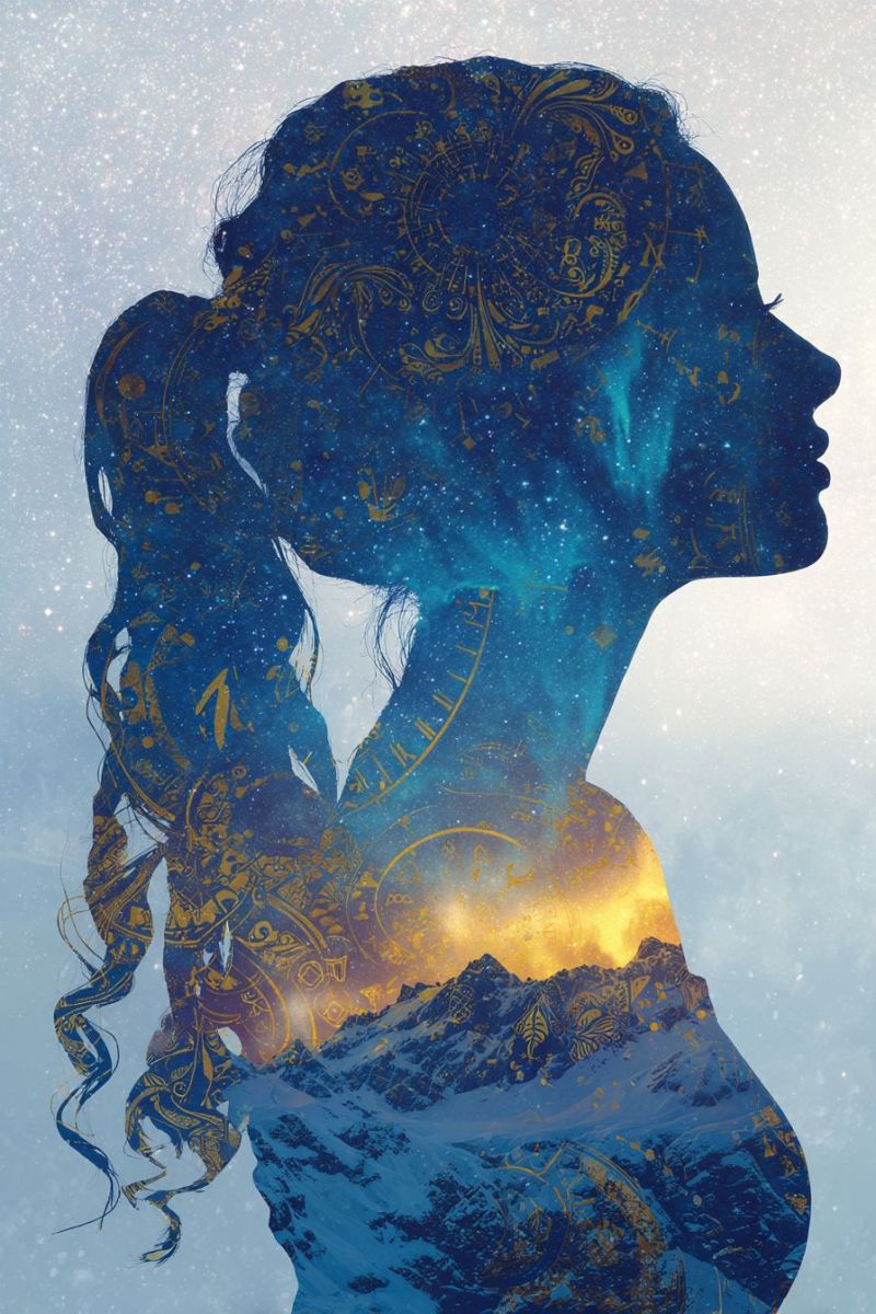 Woman mountain sky night stars clock butterfly pattern design fantasy dream imagination inspiration creativity beauty elegance silhouette of a woman with long, wavy hair cascading down her back. Her hair is intricately decorated with golden patterns that resemble a clock face, gears, and other mechanical elements. The background behind her is a blend of deep blue and gold, with a mountainous landscape that seems to be in the midst of a sunset or sunrise. The sky is filled with stars and a faint, ethereal glow. The overall effect is mystical and otherworldly, with the woman's silhouette standing out against the vibrant, textured backdrop.