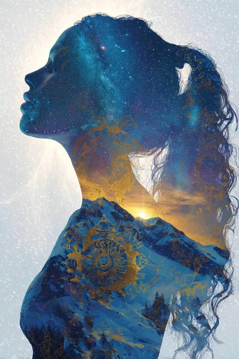 Femme montagne ciel nuit etoiles galaxie univers cosmique espace astronomie celeste poussiere rayons Silhouette d'une femme aux cheveux longs et flottants devant un paysage montagneux. Les cheveux de la femme sont détaillés avec des motifs dorés qui ressemblent à des feuilles ou des vignes, ajoutant un sens de mouvement et de texture. Son visage est tourné vers la gauche, et ses cheveux cascadent le long de son dos, se fondant harmonieusement avec le paysage montagneux. Les montagnes sont représentées avec un dégradé de bleus et de violets, suggérant un ciel de crépuscule ou d'aube. Le ciel lui-même est rempli d'étoiles, donnant un sentiment cosmique à l'image. L'effet global est éthéré et mystique, avec la silhouette de la femme fusionnant avec les éléments naturels qui l'entourent.