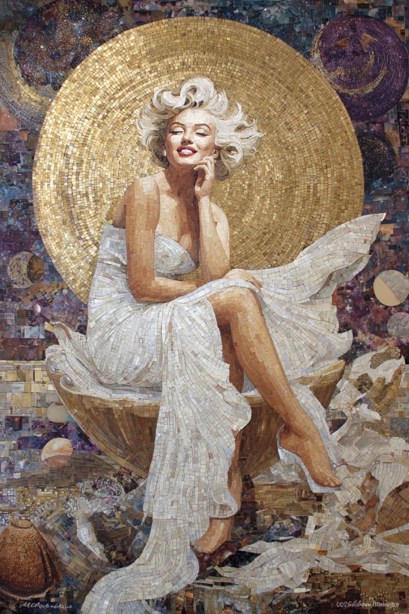 Femme mosaique celebrite vintage retro glamour beaute elegance classique culturel marilyn monroe pop Une oeuvre d'art en mosaïque représente une femme aux cheveux blonds, portant une robe blanche, assise sur un grand objet doré semblable au soleil. Elle a la main sur son menton, regardant de côté avec une expression sereine. L'objet semblable au soleil est fait de tuiles dorées, et le fond est une mosaïque colorée avec diverses formes et motifs, y compris des cercles et d'autres formes géométriques. La mosaïque est complexe, avec de petites tuiles créant une image détaillée et vibrante