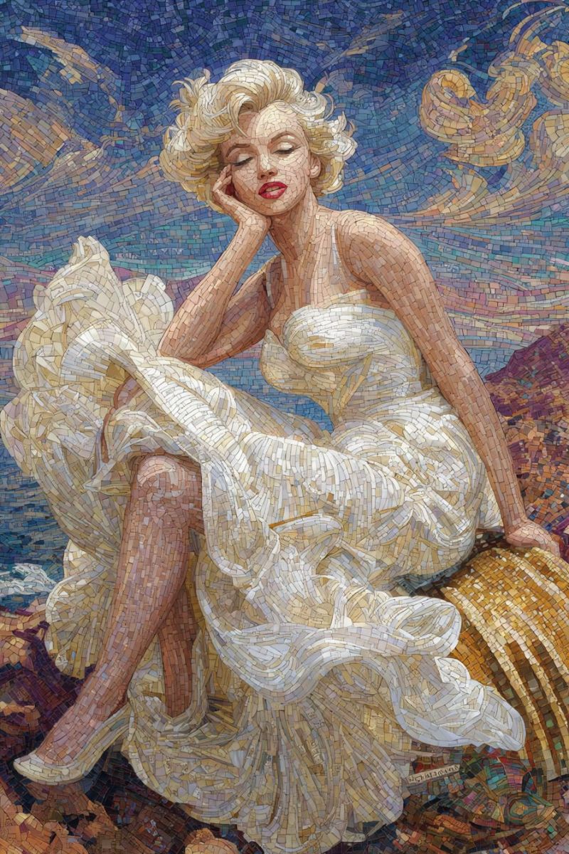 Painting woman dress fashion beauty elegance classic vintage retro iconic celebrity marilyn mosaic monroe mosaic artwork of a woman sitting on a golden barrel. She is wearing a white dress with a flowing skirt, and her hair is styled in a classic Hollywood wave. She has her left hand resting on her cheek, and her eyes are closed, giving her a serene and contemplative expression. The background is a vibrant mosaic of blue, yellow, and orange hues, creating a dynamic and colorful backdrop. The overall composition is reminiscent of a classic portrait, with the woman's elegant pose and the intricate mosaic technique adding a modern twist.