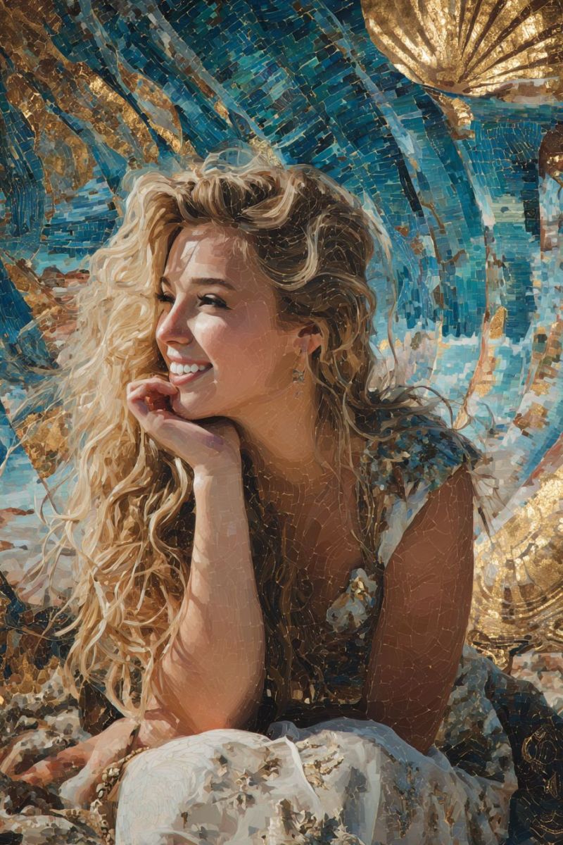 Femme mosaique sourire beaute bijoux boucle oreille robe main doigt vernis ongles Une femme aux longs cheveux blonds ondulés est assise par terre, souriant et posant pour une photo. Elle a sa main droite sur son menton et sa main gauche posée sur ses genoux. Elle porte une robe à motif de mosaïque, avec des nuances de bleu, d'or et de blanc. L'arrière-plan derrière elle est une oeuvre d'art en mosaïque avec un design de coquillage, utilisant des carreaux bleus, dorés et blancs. La scène dans son ensemble a une lumière chaude et dorée