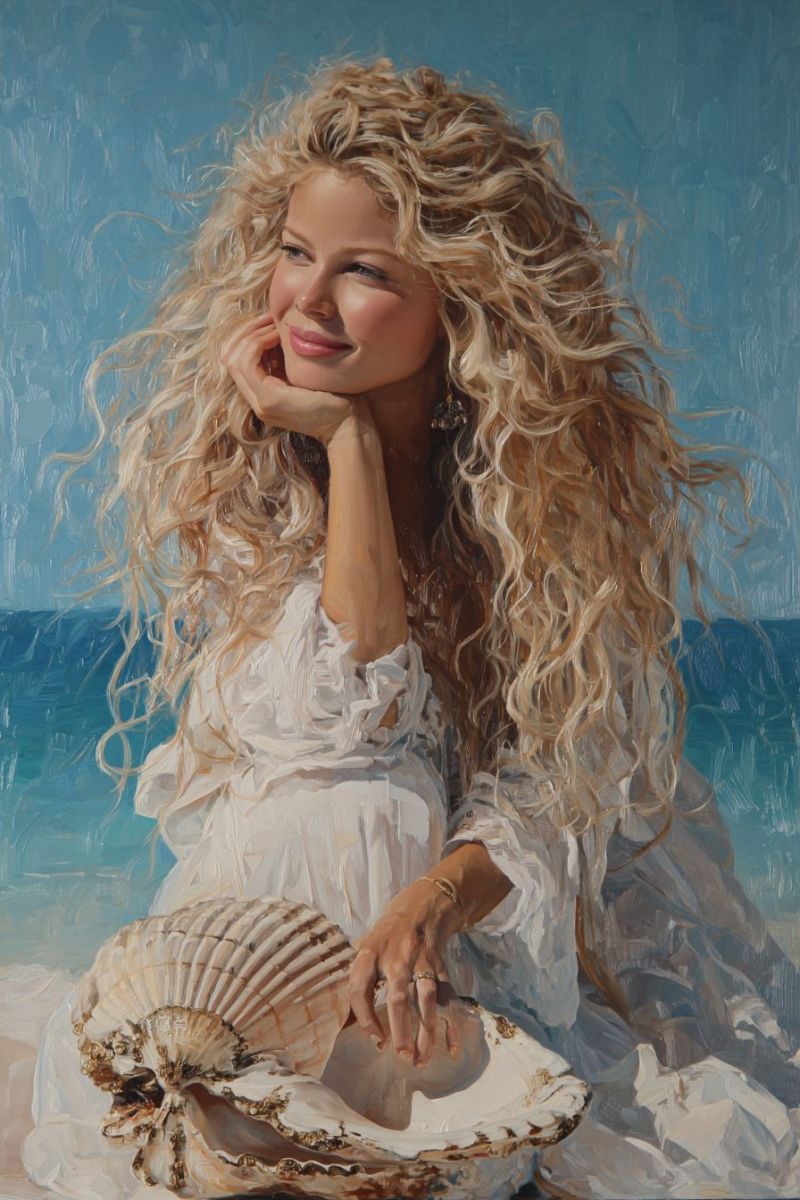Femme plage coquillage souriant bijoux oreilles soleil mer ocean realisme texture boucle main menton robe huile pinceau coups Une femme aux longs cheveux blonds bouclés est assise sur une plage, souriant et regardant sur le côté. Elle porte une robe blanche et a une grande coquille marine sur ses genoux. Sa main droite repose doucement sur sa joue, tandis que sa main gauche tient la coquille. L'arrière-plan présente un océan bleu serein et un ciel clair. Le tableau a une qualité douce et rêveuse avec des coups de pinceau visibles.