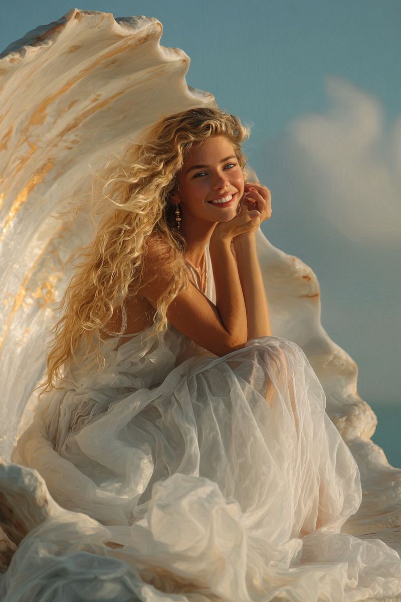 Woman dress smile seashell beach fashion curly elegant beauty jewelry earring ear necklace hand finger sunlight A woman with long, wavy blonde hair is sitting inside a large, spiral-shaped shell. She is wearing a flowing white dress that appears to be made of a sheer, delicate fabric. She is smiling and has her right hand gently resting on her chin, while her left hand is placed on her chest. The shell has a golden-brown color with intricate patterns. The background is a soft, blue sky with a few clouds.