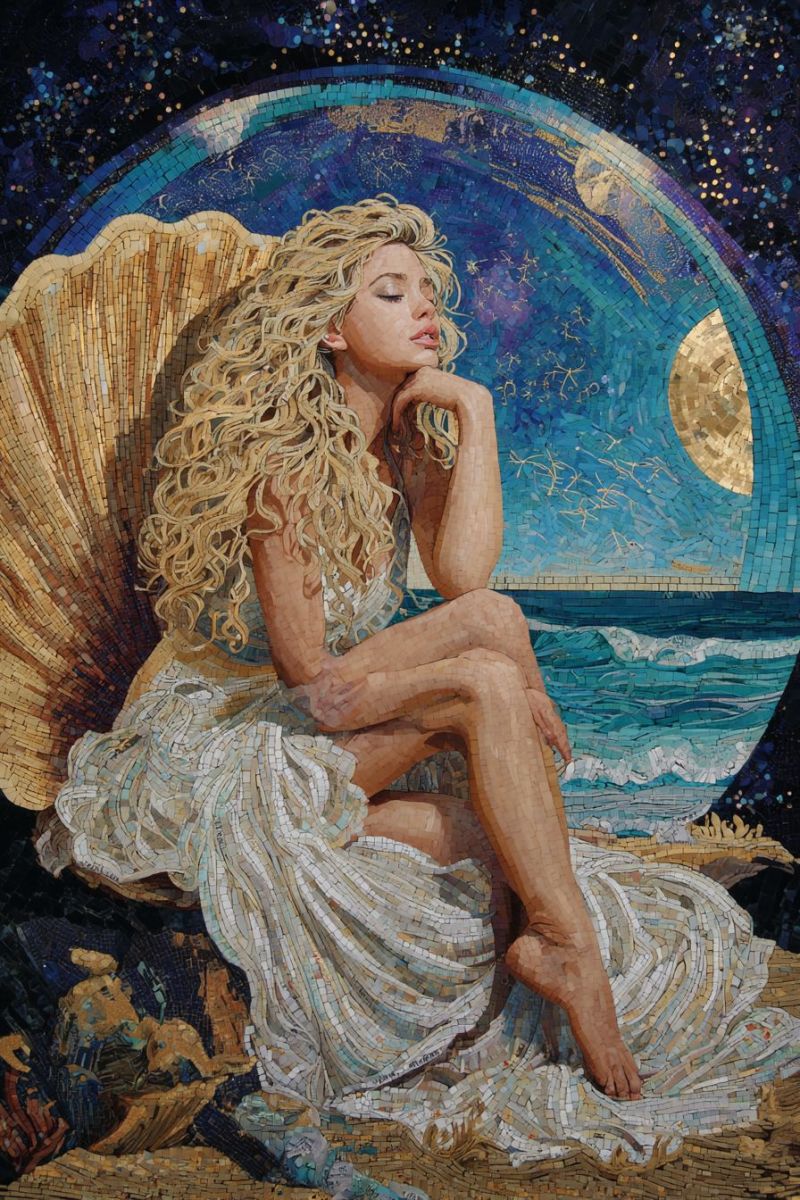 Femme mosaique plage mer lune etoiles nuit fantaisie reve beaute elegance meditation contemplation inspiration creativite imagination expression Une oeuvre d'art en mosaïque représente une femme aux longs cheveux blonds bouclés assise sur une grande coquille. Elle porte une robe blanche et a sa main gauche sur son menton, paraissant contemplative. La coquille est conçue de manière complexe avec un mélange de carreaux bruns et dorés. Le fond présente une grande mosaïque circulaire avec un schéma de couleurs bleu et or, incluant une lune dorée et des étoiles. La mer est visible sous la mosaïque, avec des vagues léchant doucement le rivage