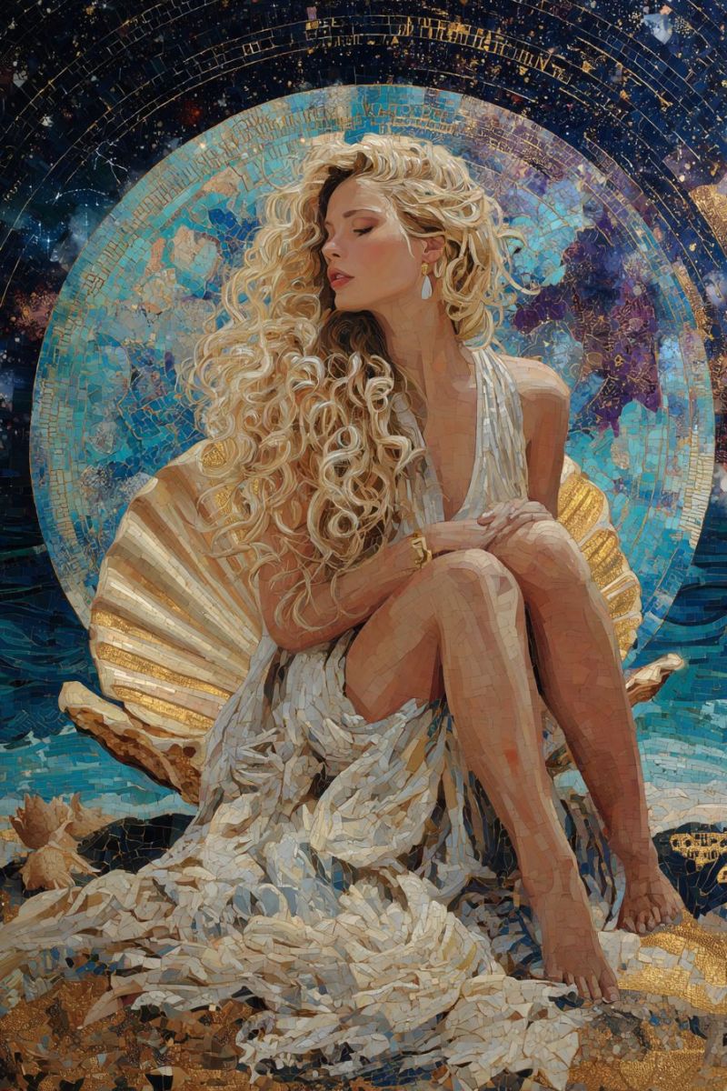 Femme mosaique fantaisie beaute bijoux boucles oreilles montre plage coquillage univers Une femme aux longs cheveux blonds bouclés est assise sur une grande coquille dorée. Elle porte une robe blanche et a les jambes croisées, les mains posées sur ses genoux. Elle regarde vers la gauche, l'expression sereine. Derrière elle, un fond de mosaïque circulaire présente des motifs complexes dans des teintes bleues, dorées et violettes. La mosaïque est placée sur un fond de ciel nocturne étoilé, ajoutant une ambiance mystique et céleste à la scène.