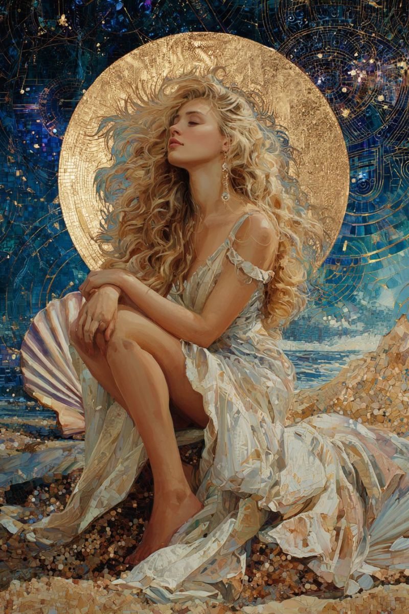 Painting woman beauty hairstyle texture A woman with long, curly blonde hair is sitting on a shell on a sandy beach. She is wearing a white dress with a ruffled neckline and is barefoot. Her hair is blowing in the wind, and she has her eyes closed. She is looking to the right, and her hands are clasped together in front of her. Behind her is a large golden circle with a mosaic design, and the background is a deep blue with a starry sky.