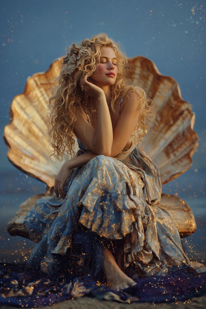 Femme fantaisie Une femme aux cheveux blonds bouclés est assise sur une grande coquille dorée, les yeux fermés, et ses mains reposent doucement sur son visage. Elle porte une robe fluide bleue et dorée avec des motifs complexes. La coquille est placée sur une surface sablonneuse, et l'arrière-plan est un ciel bleu profond avec des lumières scintillantes. La scène est éclairée par une lumière douce et éthérée, créant une atmosphère magique et sereine.