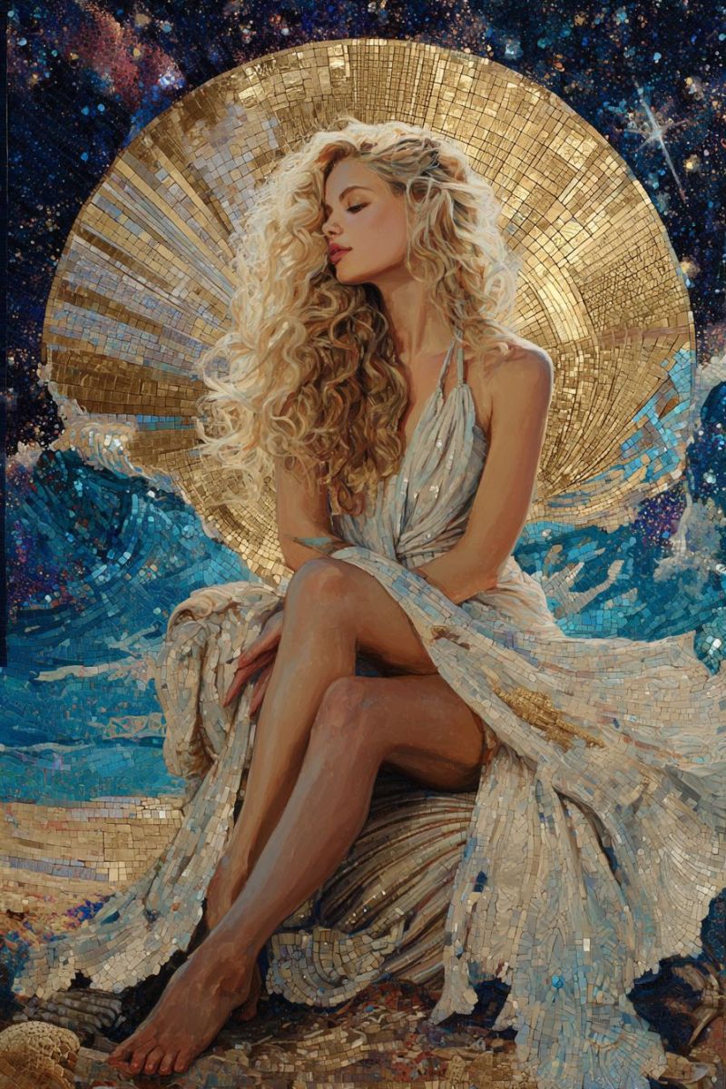 Painting woman mosaic fashion beauty design sketch drawing designer trends A woman with curly blonde hair is sitting on the ground, possibly on a beach. She is wearing a sleeveless dress made of small, colorful tiles. Her eyes are closed, and she appears to be in a relaxed or meditative state. Behind her, there is a large, golden mosaic fan, and the background features a mix of blue and gold colors, possibly representing a starry night sky or a cosmic scene. The overall atmosphere is serene and artistic.