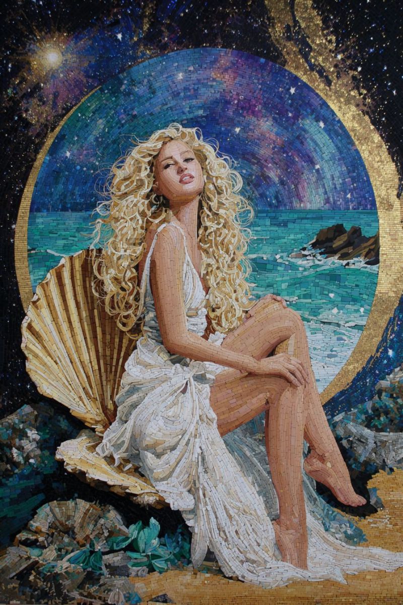Painting mosaic woman beach seashell stars universe fantasy mythology aphrodite curly hair dress night sky greek goddess culture history A mosaic artwork depicts a woman with curly blonde hair sitting on a large shell. She wears a white dress and appears to be gazing at the viewer. The shell is surrounded by various stones and shells. Behind her, there is a circular mosaic that represents a sea scene with a beach, rocks, and a starry night sky. The sky is a mix of blue, purple, and gold hues, creating a dreamy and mystical atmosphere.