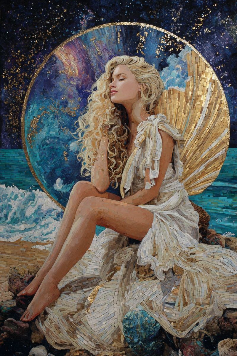 Femme mosaique visage Une femme aux longs cheveux blonds est assise sur un rocher près de la mer, les yeux fermés, les mains jointes. Elle porte une robe blanche faite de petites tuiles, et ses cheveux sont agités par le vent. Derrière elle, il y a une grande mosaïque circulaire de tuiles bleues et dorées, avec un motif doré en forme de plume sur le côté droit. Le fond présente un ciel bleu foncé avec des étoiles et une trace de galaxie.