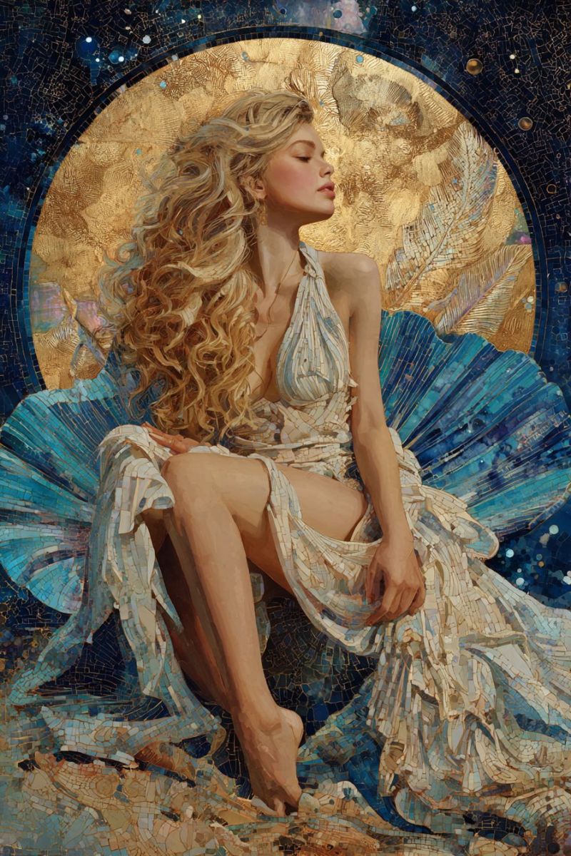 Femme fantaisie fille Une femme aux longs cheveux blonds bouclés est assise sur une grande structure bleue en forme de coquillage. Elle porte une robe blanche à motif de mosaïque qui couvre son corps et ses jambes. Ses yeux sont fermés et elle semble être dans une pose sereine et contemplative. Le fond présente une mosaïque circulaire dorée avec des motifs complexes et un grand dessin de plume dorée. La scène générale est placée sur un fond de carreaux de mosaïque bleus et dorés, créant un effet riche et texturé.