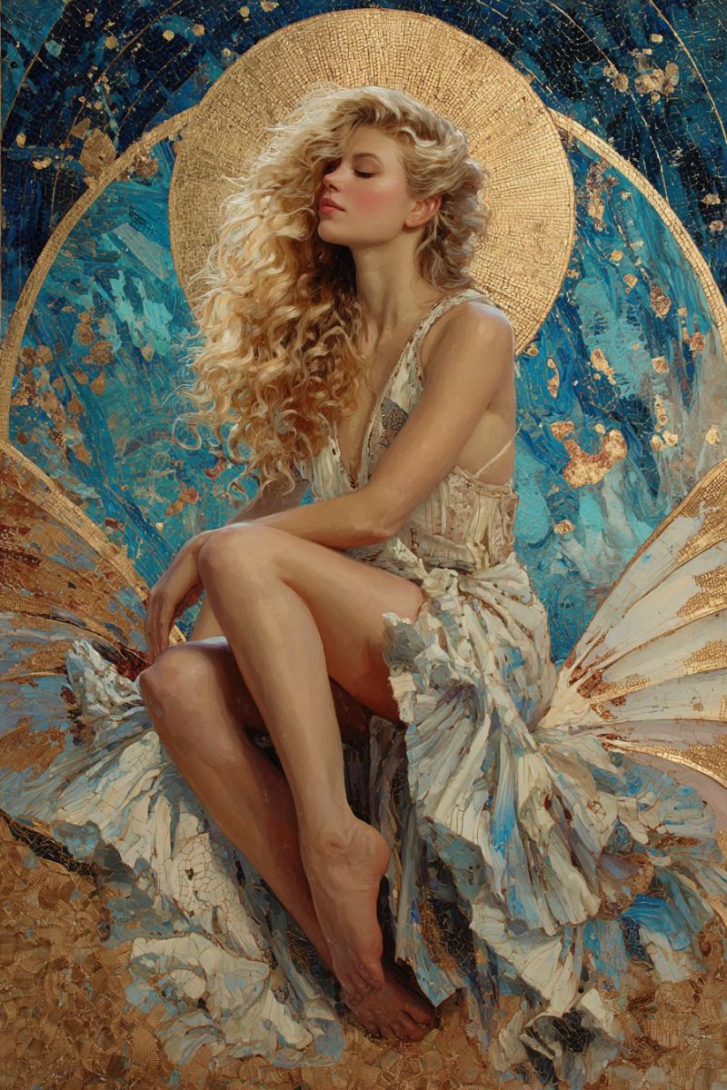 Femme beaute elegante classique robe bijoux collier Une femme aux cheveux blonds bouclés est assise sur un fond de mosaïque dorée, les yeux fermés, les mains posées sur ses genoux. Elle porte une robe blanche avec un design de corset, et ses cheveux tombent librement. Le fond présente un cercle de mosaïque dorée aux teintes bleues et dorées, créant un effet scintillant. L'atmosphère générale est sereine et mystique.