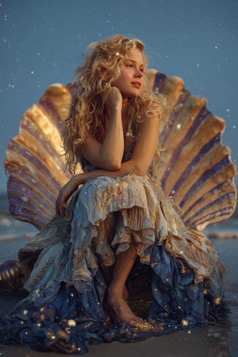 Femme plage coquillage robe fantaisie sirene assise bijoux Une femme aux cheveux blonds bouclés est assise sur une grande coquille sur une plage. Elle porte une robe bleue et dorée avec une jupe à volants et un motif doré sur le corsage. Sa main droite repose sur son menton et sa main gauche sur son genou. Elle regarde vers la droite et son visage est illuminé par la lumière. La coquille sur laquelle elle est assise a une couleur dorée et bleue avec une texture brillante. Le ciel est bleu avec quelques étoiles et quelques particules dorées.