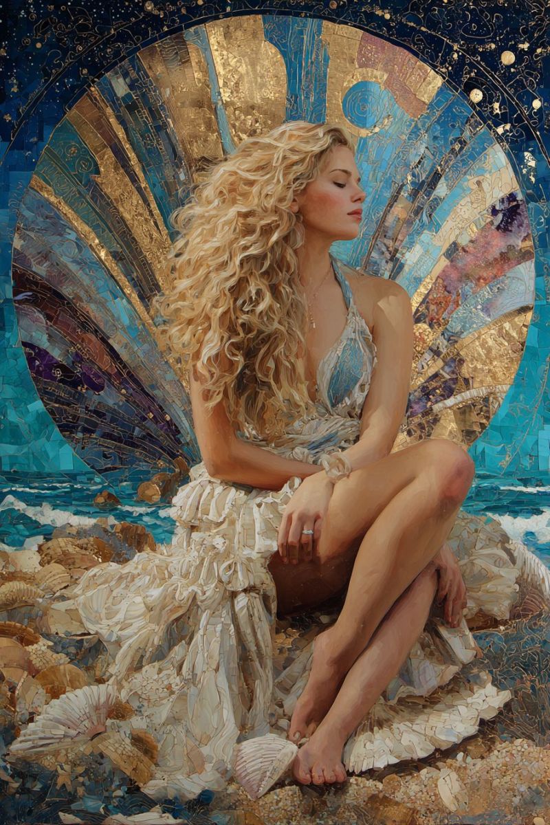 Femme beaute elegante bijoux collier bague robe boucles plage mer vagues coquillages mosaique Une femme aux cheveux blonds bouclés est assise par terre, peut-être sur une plage. Elle porte une robe blanche avec un haut bleu et a un collier. Elle regarde vers la gauche les yeux fermés. Derrière elle se trouve un grand motif de mosaïque complexe aux couleurs bleu, or et violet. Le motif de mosaïque a une forme circulaire avec un centre doré. L'ombre de la femme est projetée sur le sol.