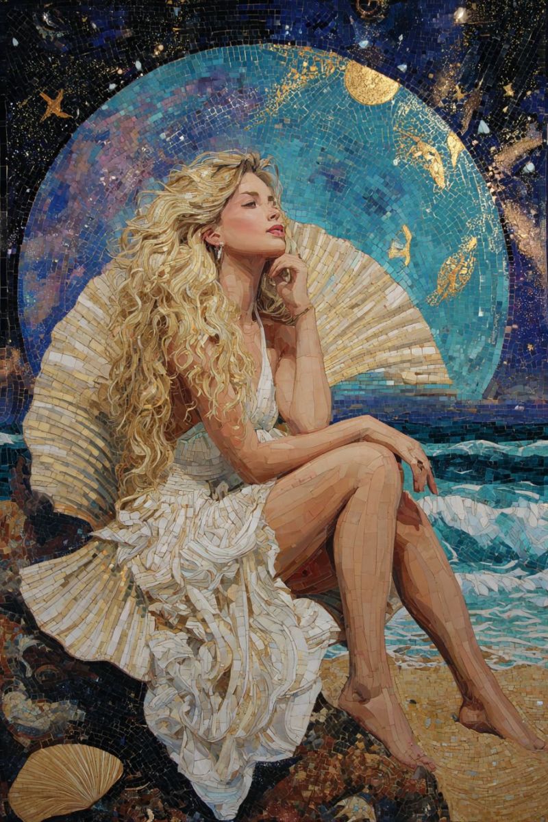 Painting woman beach sea sky mosaic fantasy A mosaic artwork depicts a woman with long blonde hair sitting on a large shell on a beach. She wears a white dress and holds a fan in her hand. The background features a large, circular mosaic with a blue and gold color scheme, resembling a celestial body with stars and a golden sun. The beach is adorned with small shells and pebbles, and the waves gently lap at the shore.