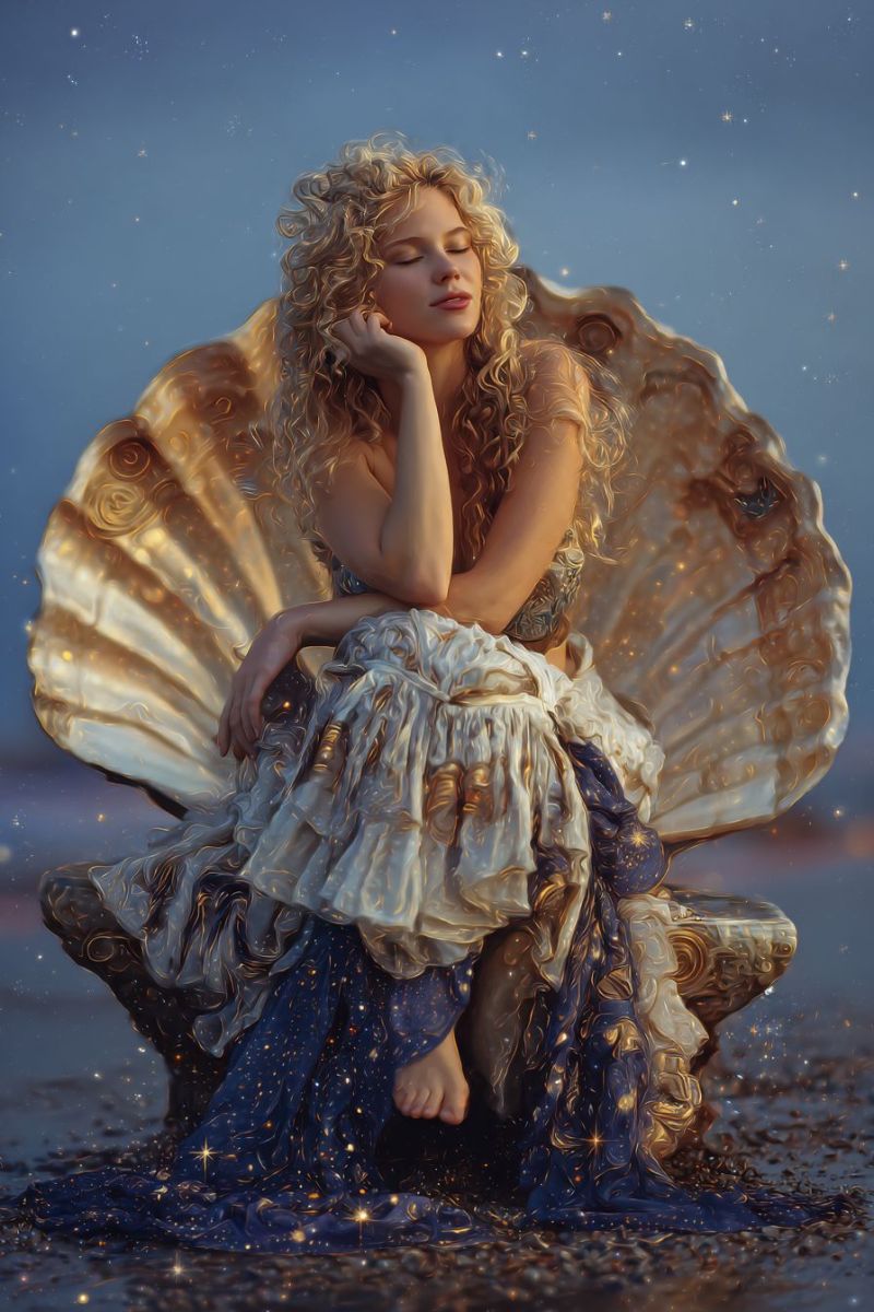 Femme fantaisie beaute bijoux design creation artiste magasin boutique designer Une femme aux cheveux blonds bouclés est assise sur une grande coquille dorée, les yeux fermés et la main posée sur son menton. Elle porte une robe fluide aux teintes blanches et bleues, ornée de motifs dorés et bleus. La coquille a un design en spirale et est placée sur un fond de ciel bleu étoilé. La scène est éclairée par une lumière douce et éthérée, et le sol sous la coquille est recouvert de petits galets sombres.