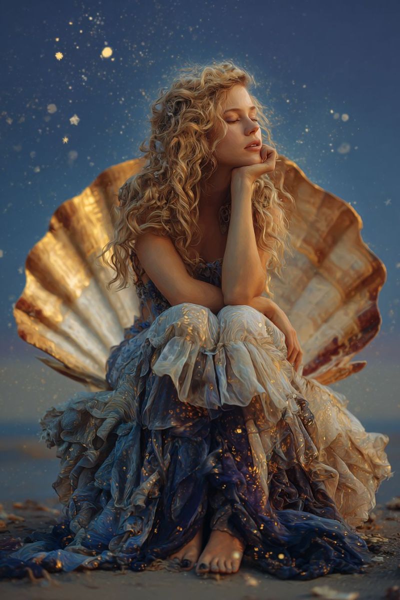 Woman beach seashell fantasy dress sleeping dream night star sparkle jewelry jewel necklace earring ear earrings A woman with curly blonde hair is sitting on a large golden shell, her eyes closed, and her hand resting on her chin. She is wearing a flowing blue and gold dress adorned with sparkling details. The background is a deep blue sky with scattered stars and a faint glow, suggesting a magical or dreamlike atmosphere.