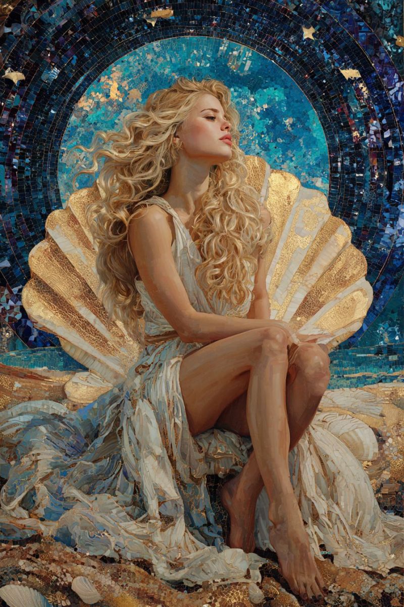 Painting woman beauty fashion artist design realism contemporary oil acrylic A woman with long, wavy blonde hair is seated on a large, golden shell, her gaze directed upwards. She wears a flowing white dress adorned with intricate mosaic patterns. The background features a circular mosaic design in shades of blue, gold, and red, creating a mystical and ornate atmosphere. The woman's posture is relaxed, with her legs crossed and her hands resting on her knees. The overall composition is rich in texture and color, evoking a sense of elegance and fantasy.