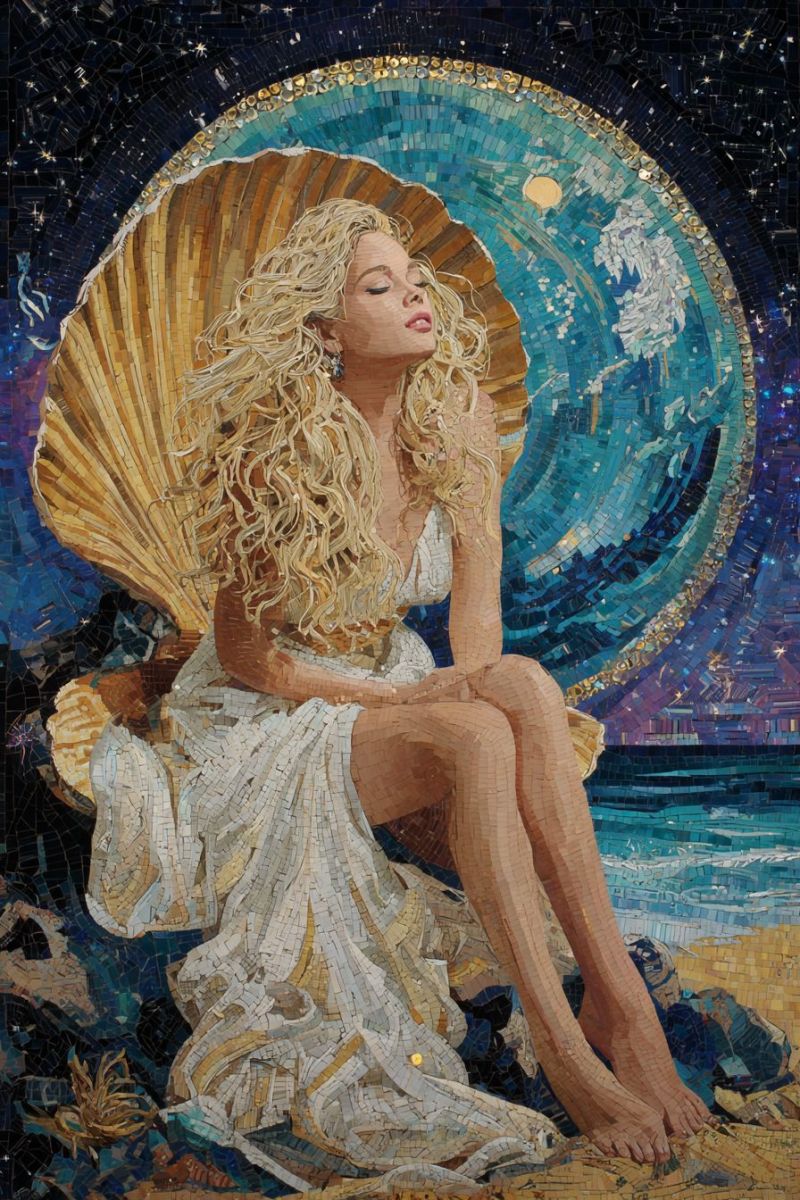 Plage beaute blonde robe boucle oreille soiree femme fille main tete jambe look mosaique cou Femme assise sur une grande coquille, son corps et ses cheveux fabriqués à partir de carreaux de mosaïque. Elle porte une robe blanche qui flotte autour d'elle, et ses cheveux cascadent sur son dos en vagues dorées. Elle est positionnée sur une plage, avec les vagues de l'océan qui viennent doucement lécher le rivage derrière elle. Le fond présente une grande mosaïque circulaire qui ressemble à un ciel nocturne, avec des étoiles et une lune. La mosaïque est composée de carreaux de diverses couleurs, créant un design vibrant et complexe. La scène globale est sereine et artistique, mélangeant des éléments de la nature et de la forme humaine d'une manière unique et visuellement captivante.