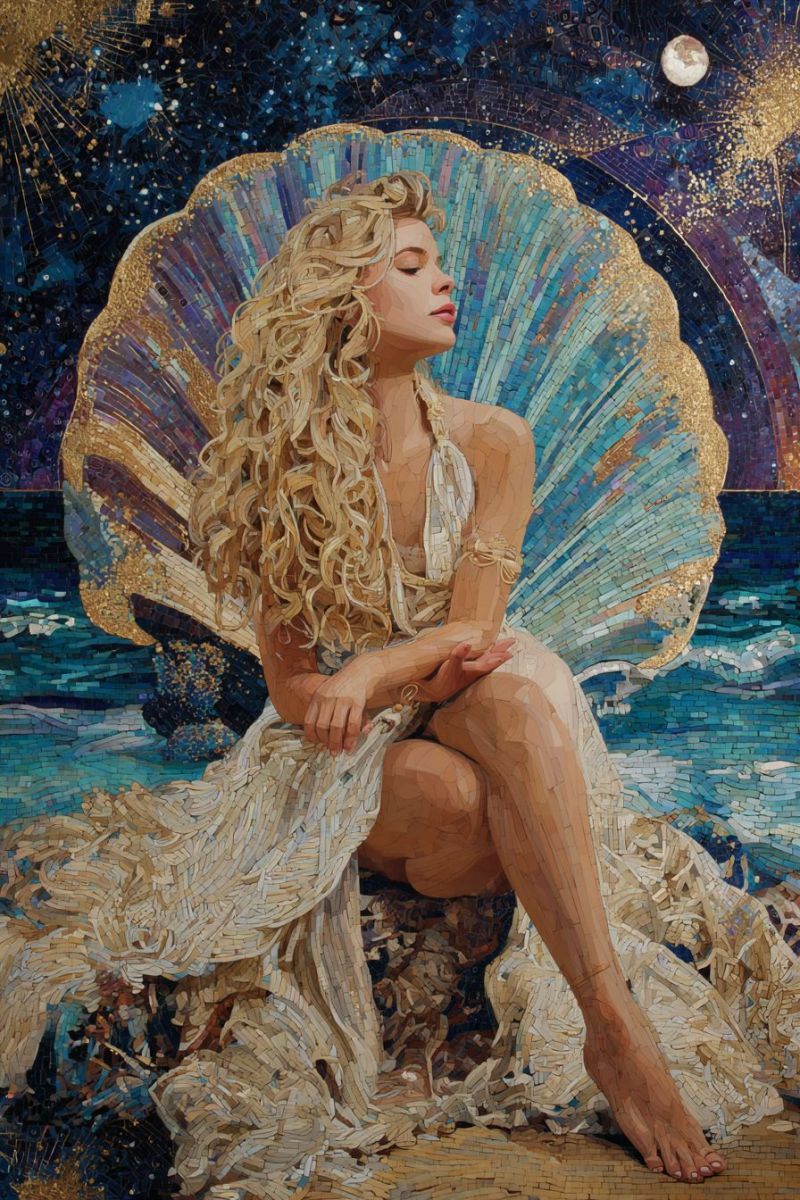Femme mer lune nuit ciel etoile eau plage sable rocher vagues soleil reflexion ombre beaute fantaisie Une femme aux longs cheveux blonds ondulés est assise sur un rocher au bord de la mer. Elle porte une robe blanche avec un motif doré sur le dos, et ses cheveux sont agités par le vent. Elle regarde vers le bas les yeux fermés, et ses mains sont jointes. Derrière elle, il y a une grande coquille avec un motif doré, et le fond est un mosaïque de carreaux bleus et dorés. Le ciel est bleu avec une pleine lune et des étoiles.