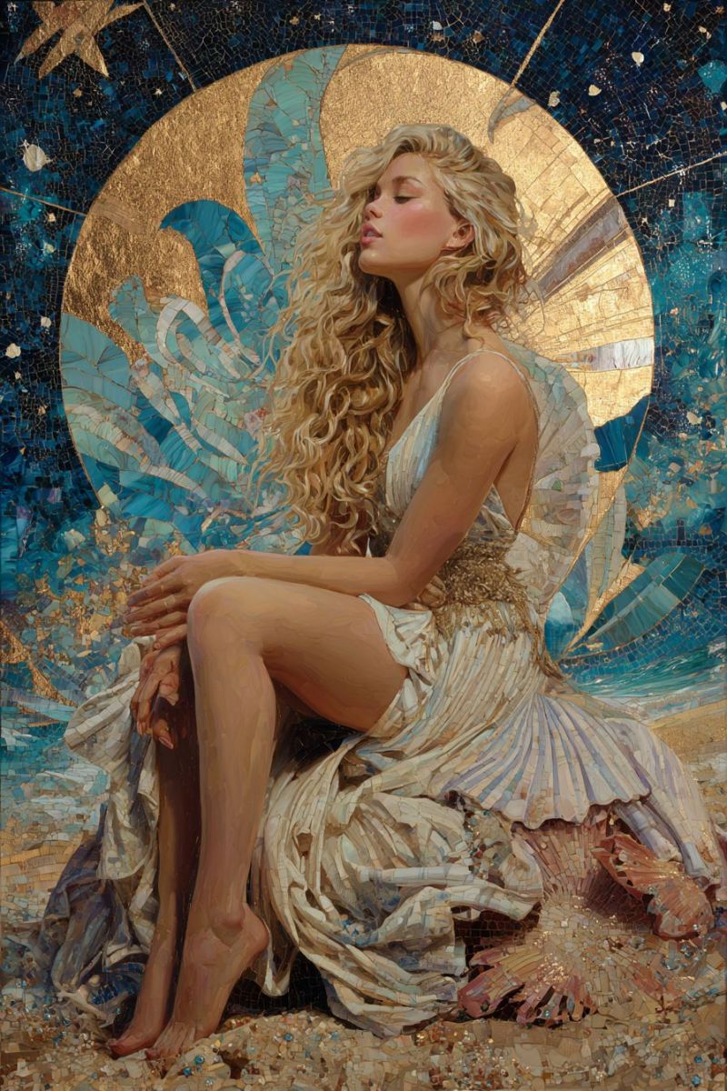 Femme mosaique beaute oeuvre artiste Une femme aux longs cheveux blonds est assise sur le sable, les jambes croisées et les mains posées sur ses genoux. Elle porte une robe blanche avec un motif doré sur le bas. Elle regarde vers la gauche et ses yeux sont fermés. Derrière elle se trouve un grand motif de mosaïque avec un cercle doré au milieu et un motif bleu et doré sur les côtés. Le motif de mosaïque a une étoile en haut à gauche et une coquille en bas à droite.