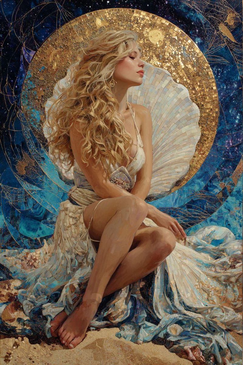 Femme visage Une femme aux longs cheveux blonds ondulés est assise sur le sable, les yeux fermés et la tête inclinée sur le côté. Elle porte une robe blanche avec un motif de mosaïque dorée sur le devant, et ses cheveux sont emportés par le vent. Derrière elle, il y a un grand motif de mosaïque dorée qui ressemble à un soleil avec des rayons. L'arrière-plan est un mélange de bleu et d'or, avec un ciel étoilé et un motif de mosaïque dorée.