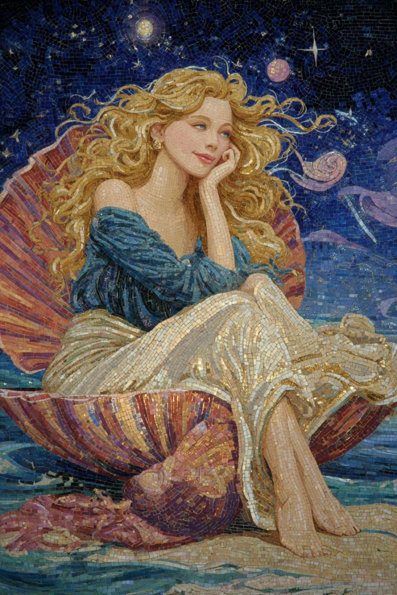 Painting mosaic woman seashell beach night sky stars universe fantasy mythology goddess hand ear earring dress legs A mosaic artwork depicts a woman with long, wavy blonde hair sitting on a large shell. She wears a blue top and a flowing white dress, her feet resting on the sand. She gazes to the side, her hand gently resting on her chin. The background features a night sky filled with stars and celestial bodies, including a moon and planets. The shell she sits on is intricately designed with a mix of red, orange, and purple hues. The entire scene is crafted with small, colorful tiles, creating a vibrant and detailed image.