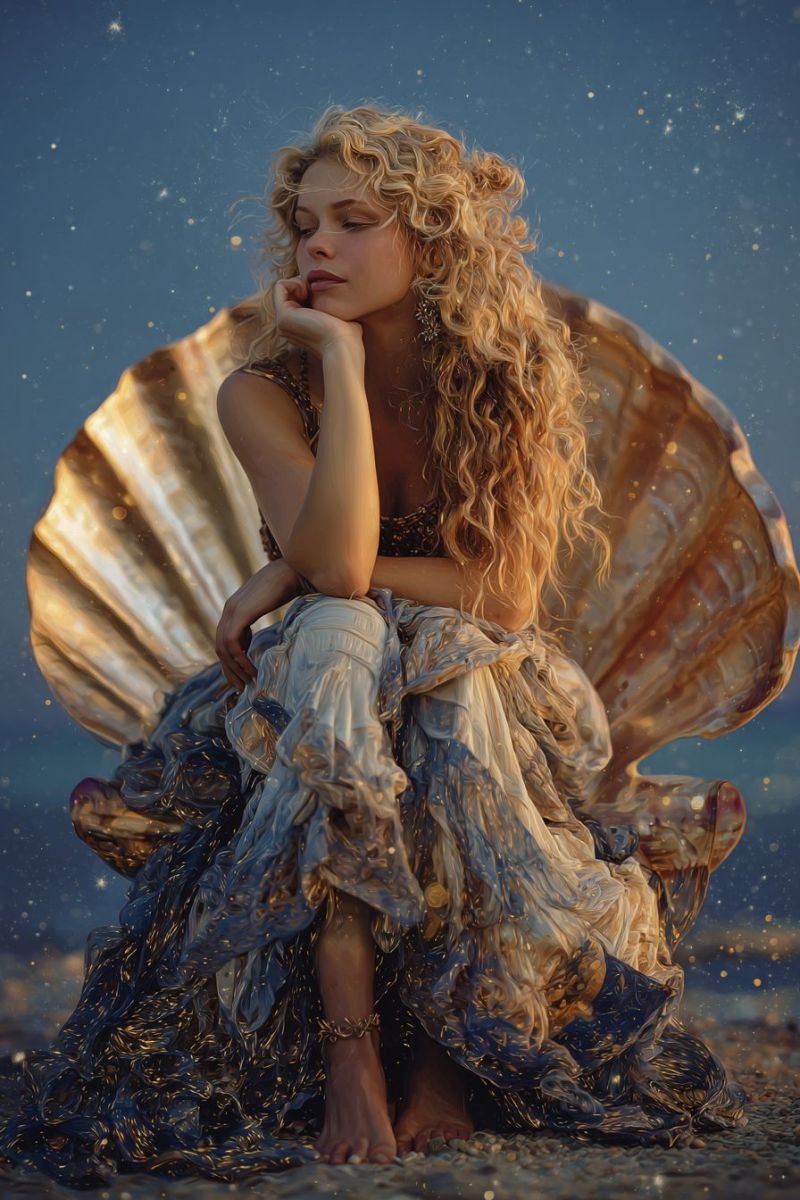 Woman beach seashell dress jewelry earrings bracelet hand lips eyes sky stars night fantasy painting curly A woman with curly blonde hair is sitting on a large shell, her left hand resting on her chin and her right hand on her knee. She wears a flowing dress with a mix of blue and gold colors, adorned with gold accents. The shell has a golden hue and a textured surface. The background is a gradient of blue and white, with a few scattered golden particles. The scene is set on a beach, with the woman's shadow cast on the sand.