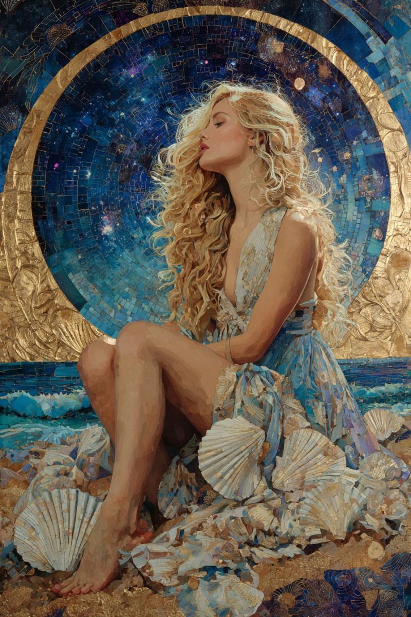 Painting woman mosaic seashells beach sand dress eyes lips legs knees hands fingers nails toes footwear A woman with long, curly blonde hair is sitting on the sand, her eyes closed, and her body leaning slightly to the left. She is wearing a blue dress adorned with seashells. The background features a large, circular mosaic design with blue, gold, and purple colors, resembling a starry night sky. The mosaic is framed by a golden border, and the sand beneath the woman is scattered with seashells.